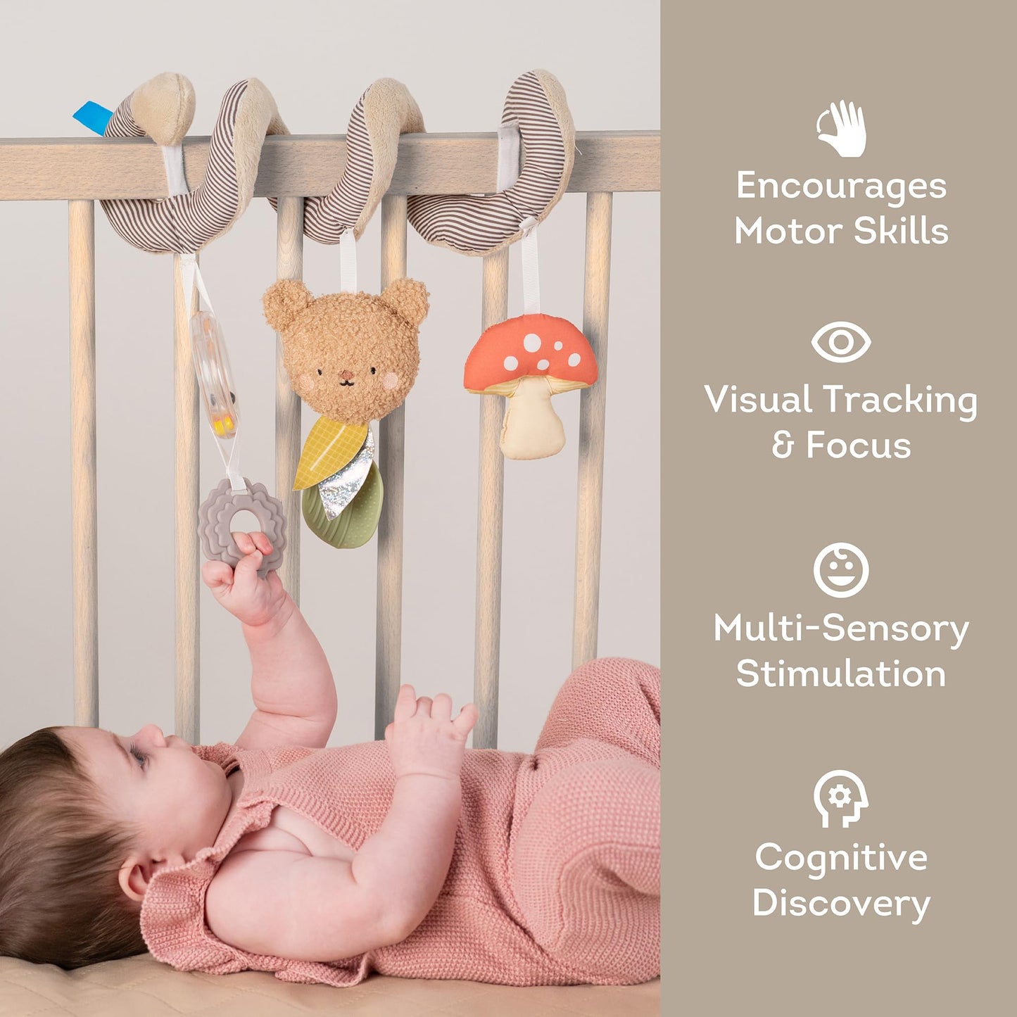 Taf Toys Bear Hug Spiral Car Seat Toy - Plush Bear & Mushroom, Colorful Teethers, Sensory Toys Soft Hanging Toys - Carseat Toys Hanging for Babies 0-6 Months - Newborn Baby Girl Boy Birthday Gifts