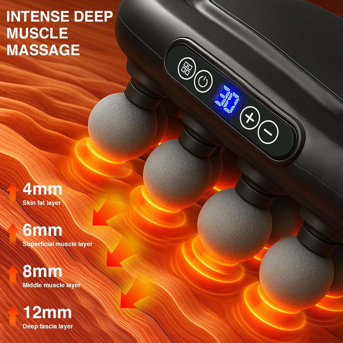 HIADGUNNR 16 Head Massage Gun Set, Deep Tissue Massage Gun Portable with 3 Modes & 30 Intensities, Red Light Therapy, Quiet Percussion Massager for Legs, Waist, Buttocks Muscles Pain Relief
