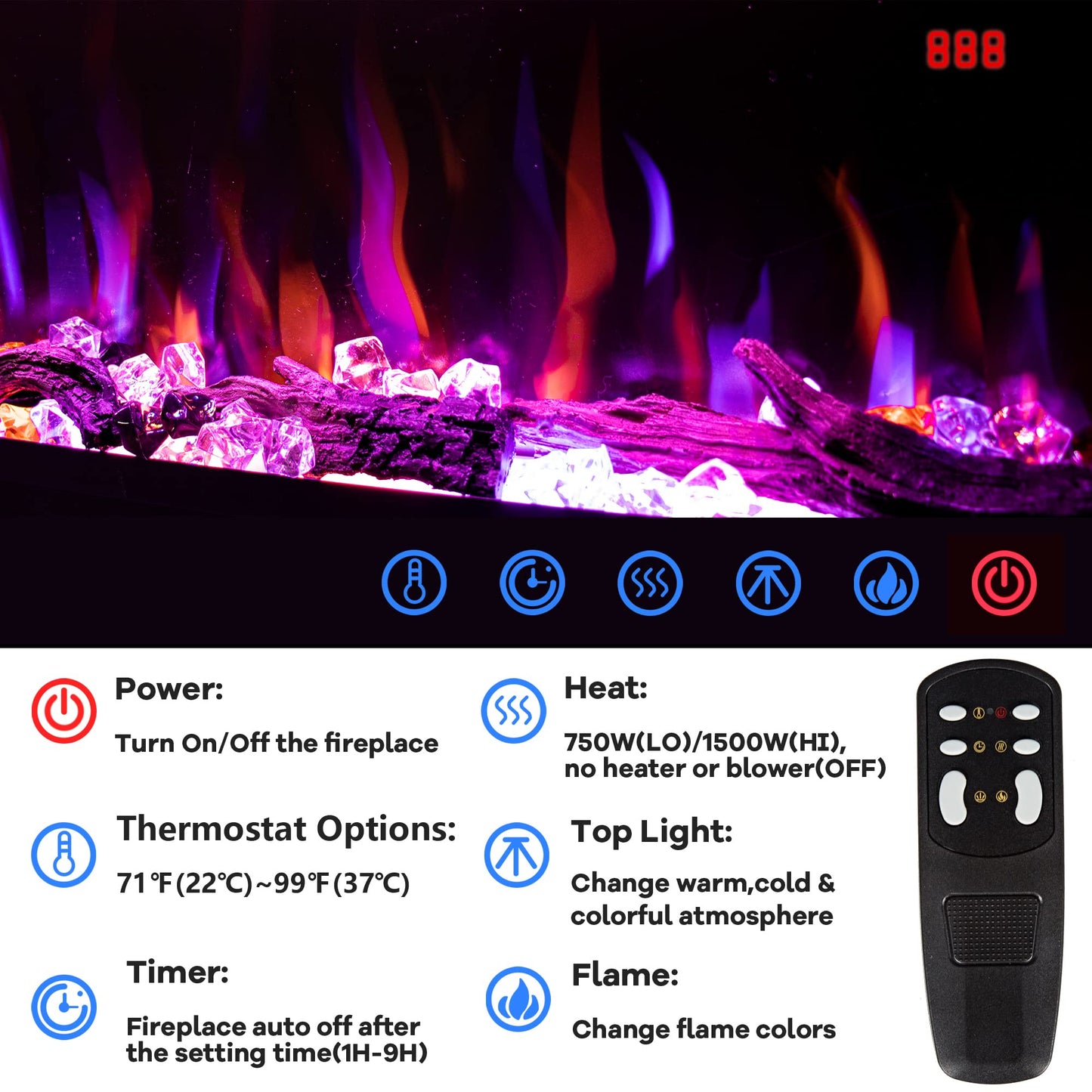 Dreamflame 86 inch Electric Fireplace, Smart Fireplace Insert recessed in Wall and Wall Mounted fire Place Heater with Metal Frame, Multicolor Flame & Realistic logs，Thermostat& Timer, 1500W, Black
