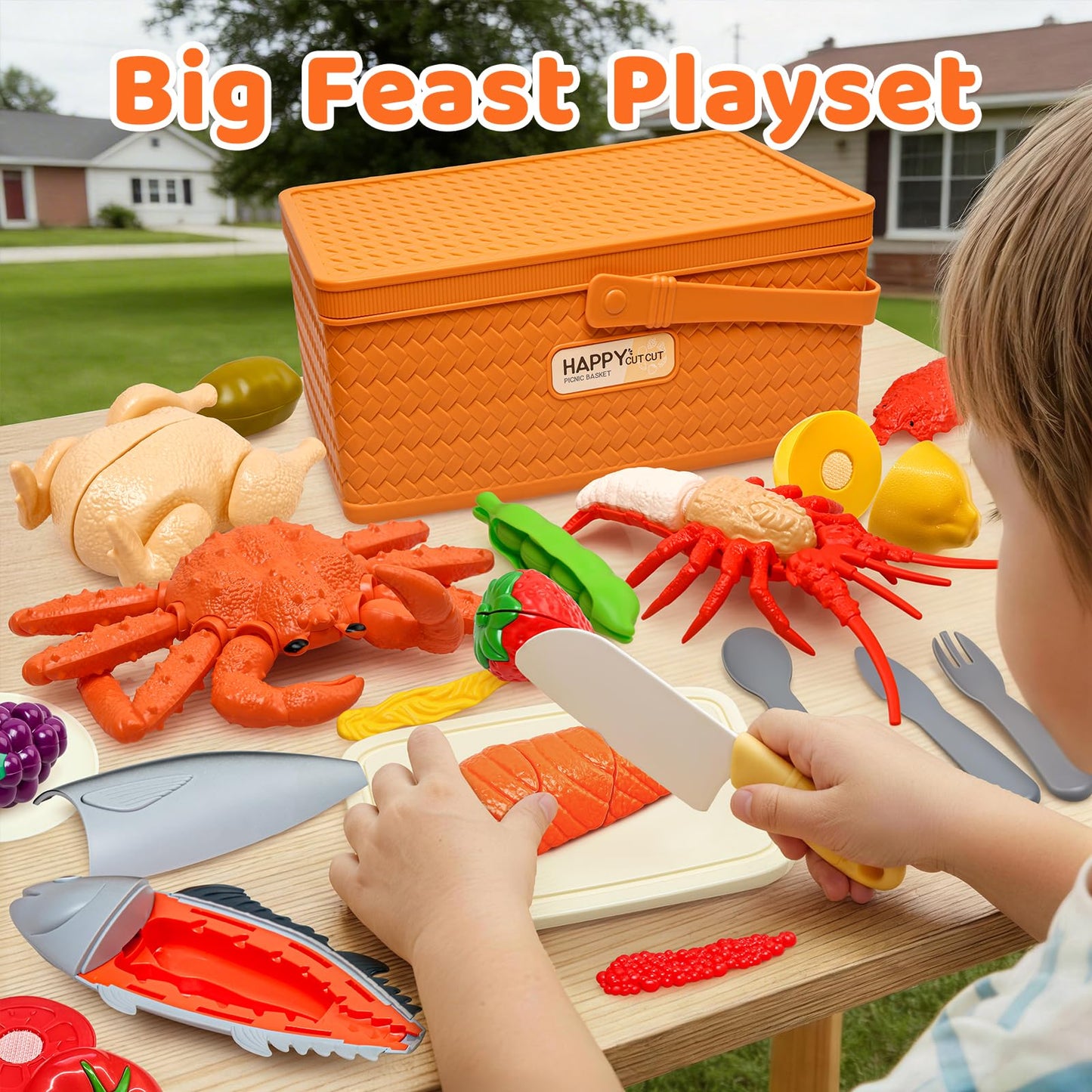 22pcs Play Seafood Cut Toys Set for Kids Play Kitchen, Montessori Toddler Kitchen Playset with Toy Food & Fake Fruit, Kitchen Set for Kids & Toddler Cutting Set, Kitchen Toys for Boys Girls Ages 3 4 5