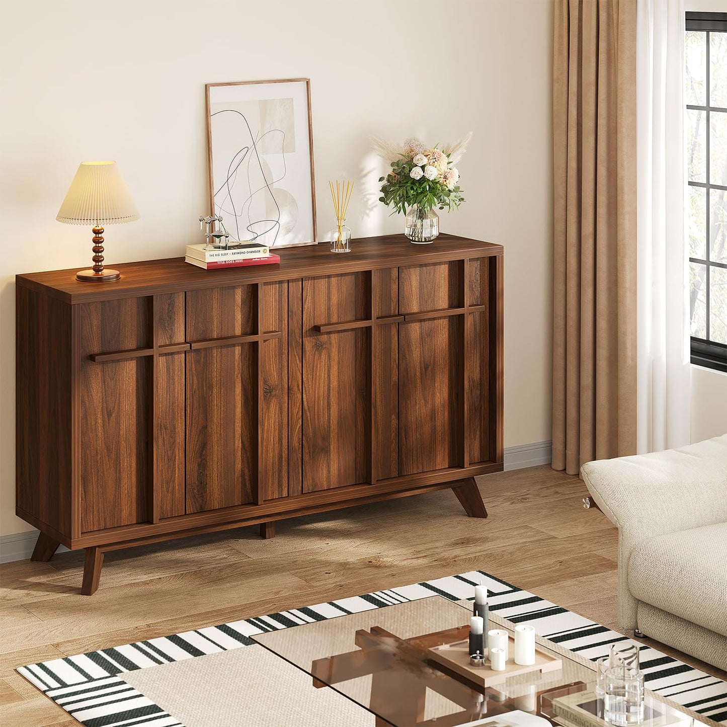 knoworld Sideboard Buffet Cabinet with Storage, 59" Modern Credenza with 4 Doors & Adjustable Shelves, Wood Console Cabinet for Living Room Kitchen Dining Room Hallway (Walnut)