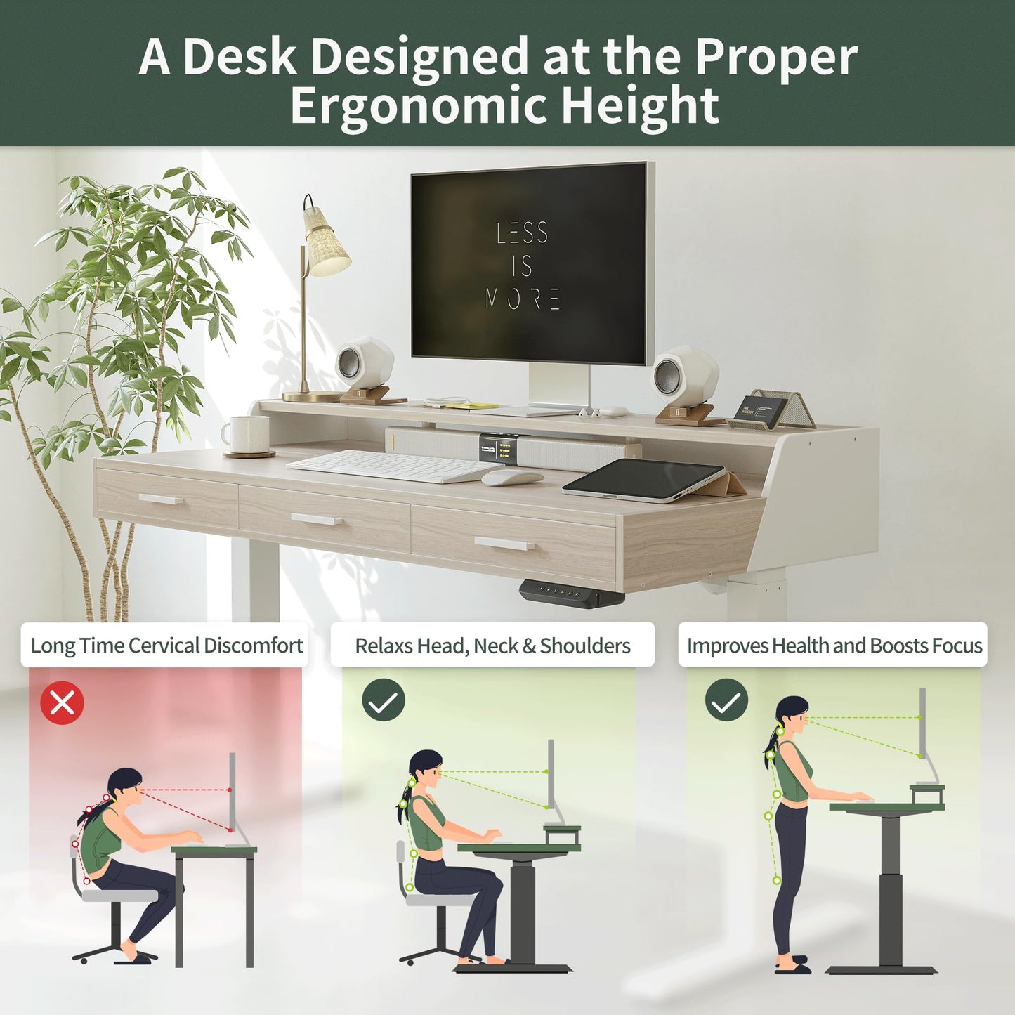 CubiCubi Standing Desk 55x26 Inches with 3 Wood Drawers and Monitor Shelf, Ergonomic Rising Home Office Desks, Height Adjustable Computer Desk, Sit Stand Up Electric Workstation Table, Light Walnut