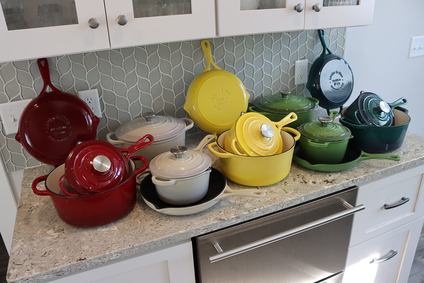 Larder & Vine 5-Piece Enameled Cast Iron Cookware Set - Includes 5.7 Quart Dutch Oven with Lid, 10.25 Inch Skillet, 2.2 Quart Saucepan with Lid (Cabernet)