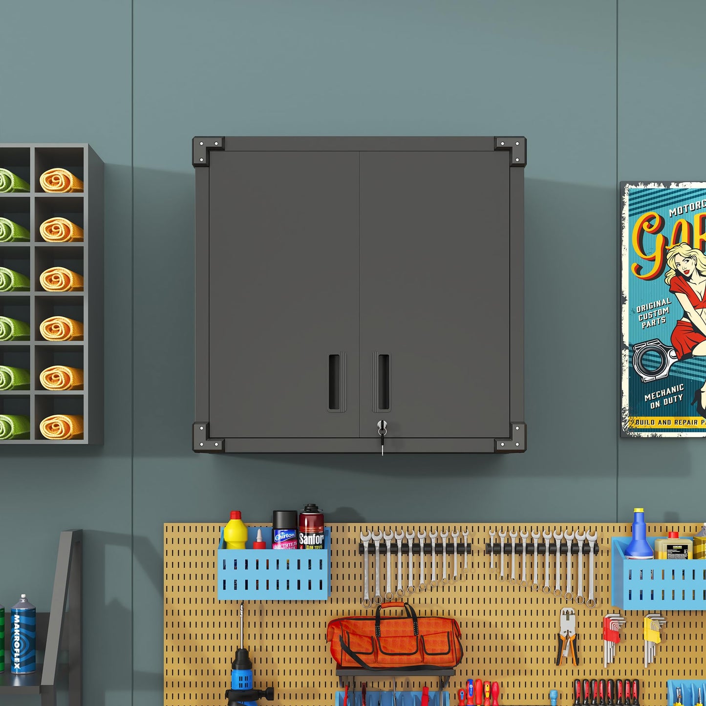 Metal Wall-Mounted Tool Storage Cabinet with 2 Locking Door 1 Adjustable Shelf 1 Opened Drawer for Garage Warehouse,Office,Assembly Required