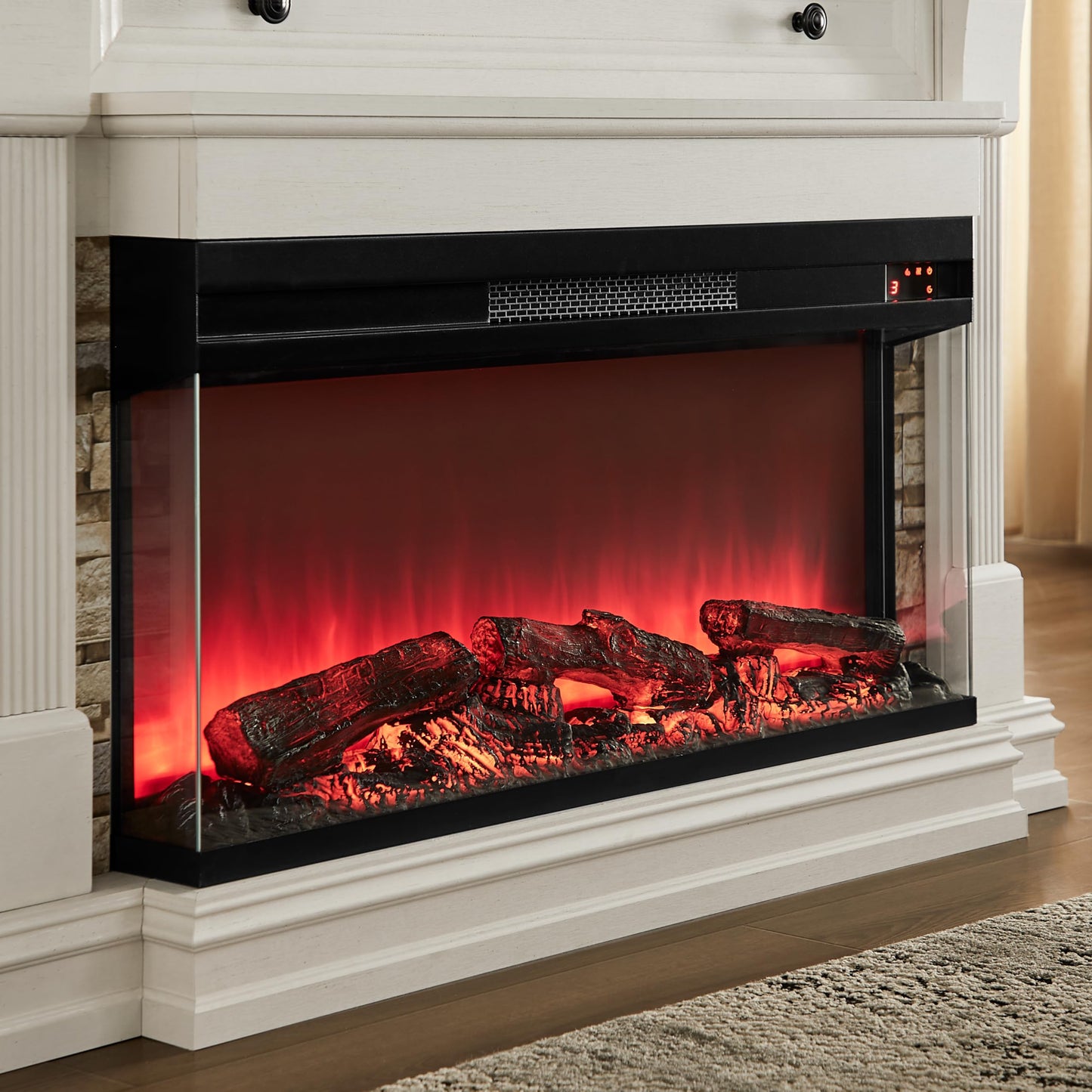 OKD 52 Inch Electric Fireplace with Mantel, Fireplace TV Stand with 36" 3-Sided Glass Electric Fireplace Heater for Living Room (Antique White)