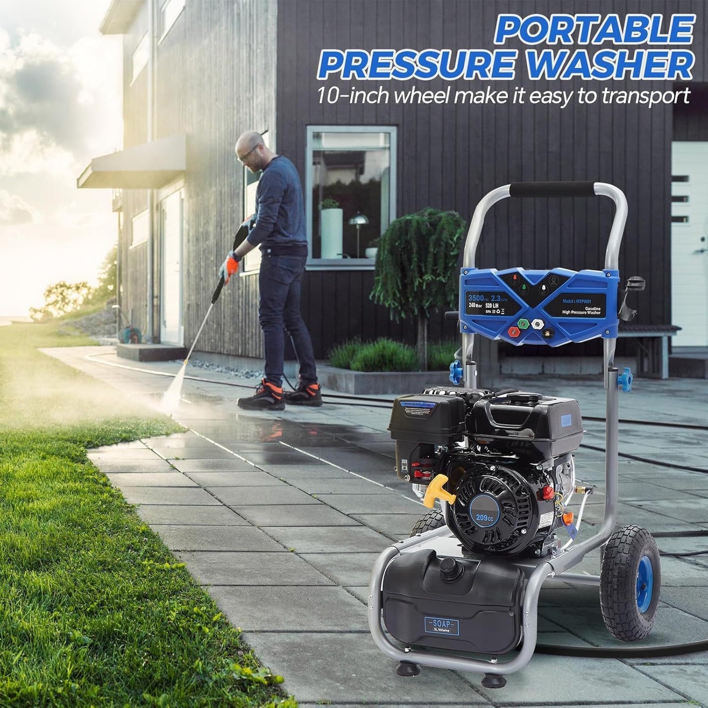 Hushlight Gas Pressure Washer, 3500 PSI 2.3 GPM Power Washer with 209CC Engine, 4 Quick-Connect Nozzles, 25FT Hose, 3L Soap Tank, High Pressure Washer for Car, Driveway, Fence, Patio, Home Cleaning