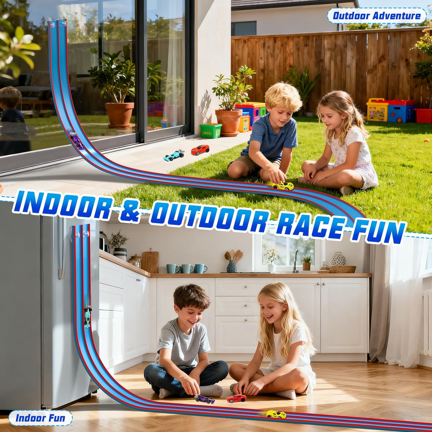 Sunrad 15Ft Flexible Race Car Track Toys for Kids with 4 Car & Suction Cups, Flex Tracks Starter Set Compatible with 1:64 Diecast Cars Portable Rolls Up DIY Racetrack, Gift for Boys Girls Age 3-5 4-8+