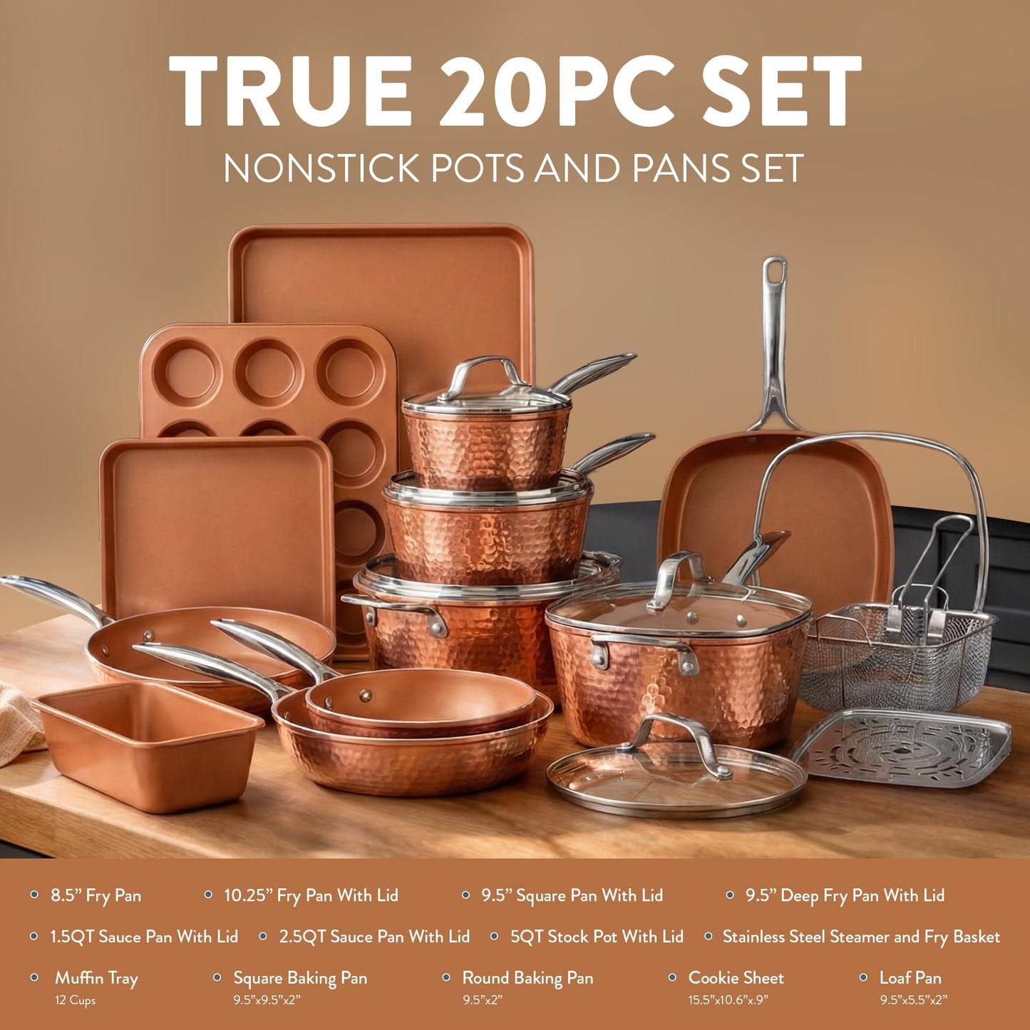 Gotham Steel Hammered 20 Pc Ceramic Cookware Set Nonstick, True Ceramic Pots and Pans Set Non Stick with Deep Square Pan Set & Bakeware Set, Non Toxic PFOA PFOS Free, Oven & Dishwasher Safe