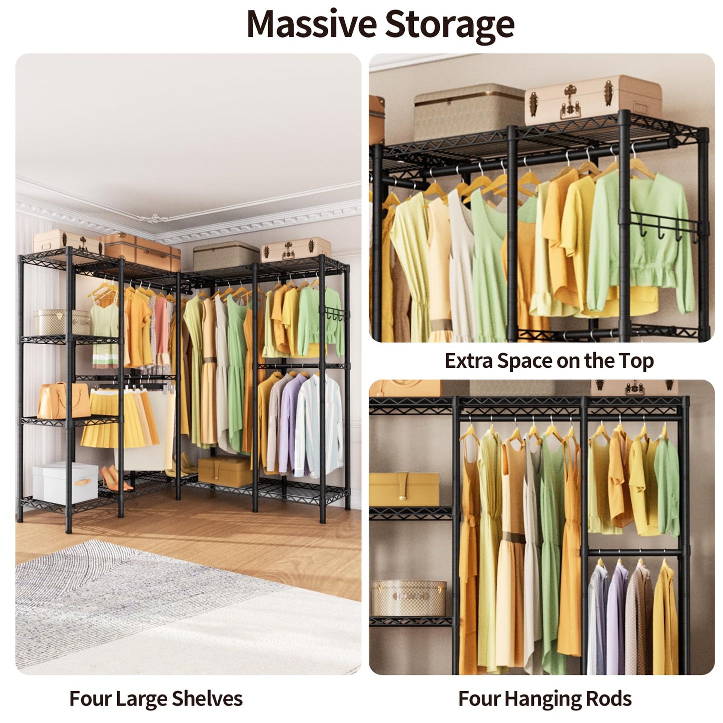 Golpart Heavy Duty Garment Rack Clothes Rack,Large Metal Closet Organizer System Storage Wardrobe,Freestanding Clothing Rack with Adjustable Wire Shelves& Hang Rods,MaxLoad 1100lbs