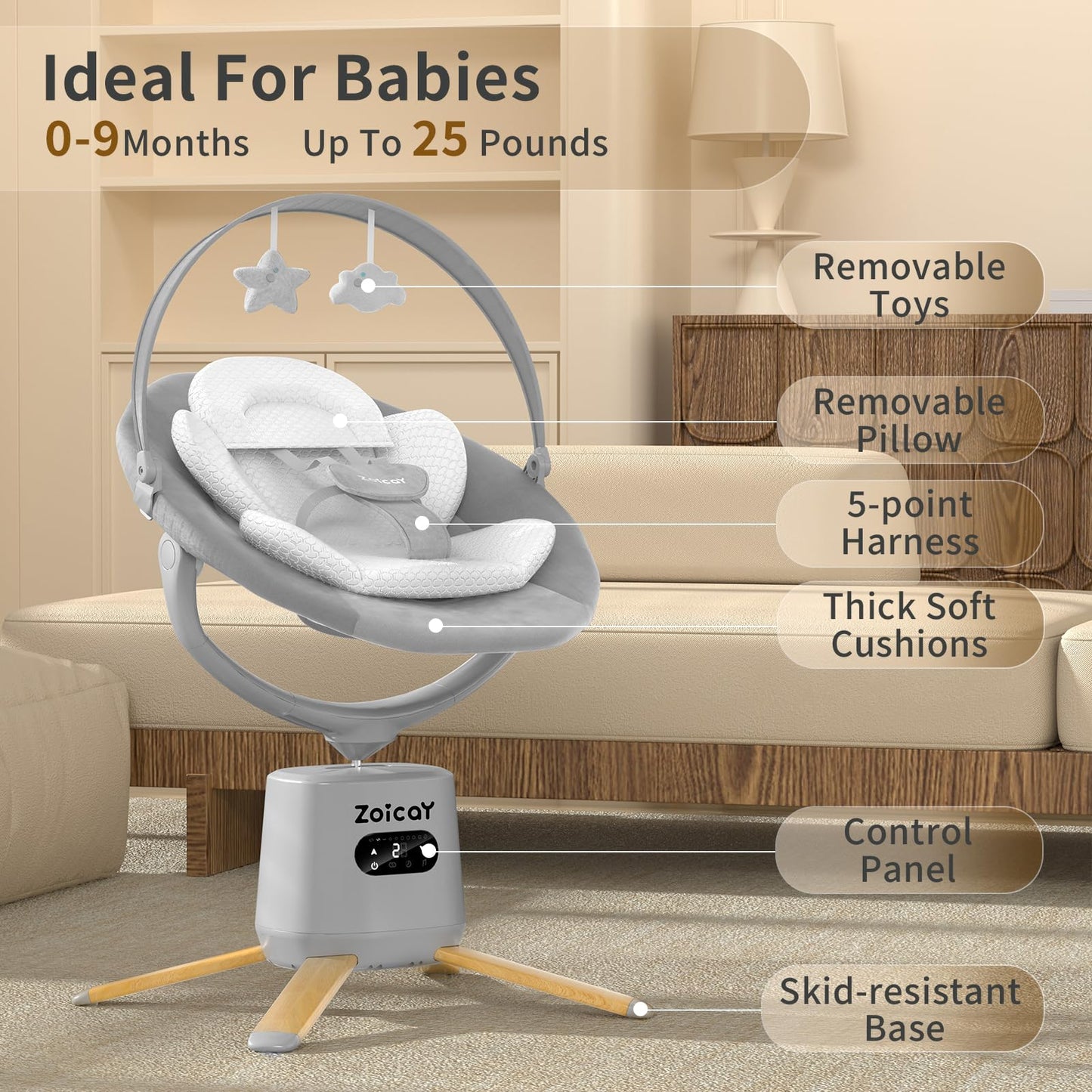 Baby Swings for Infants, Zoicay Electric 3D-Motion Baby Swing with 9 Modes & 8 Speeds, 360° Rotating Seat, APP & Remote Control, 6 Lullabies, Portable Infant Swing for Indoor and Outdoor(Gray)