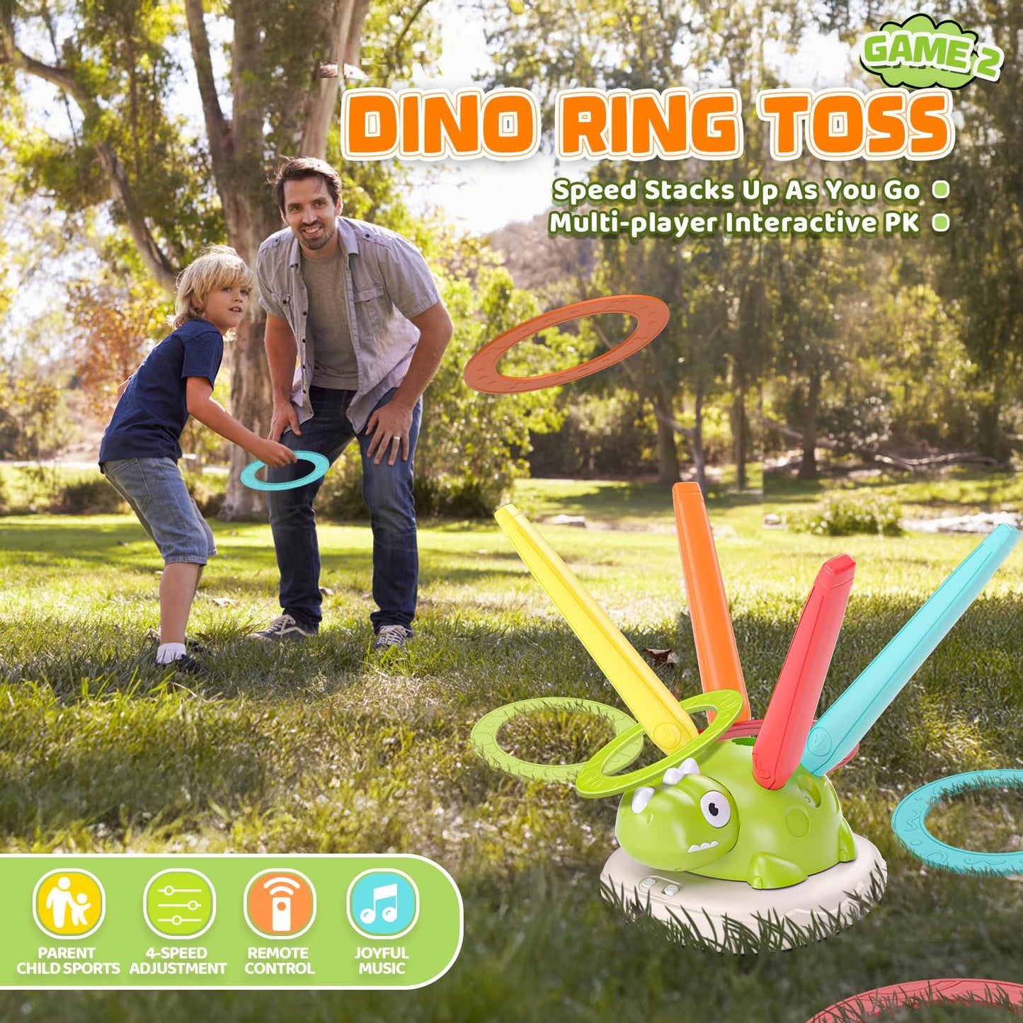 3 in 1 Dinosaur Rocket Launcher Musical Jump Toss Ring Game and Stomping Toys for Kids Outdoor with Remote Control, Indoor Outside Toy for Boys Girls 3-13 Toys for Ages 5 6 7 8 9 10 11 Birthday Gifts