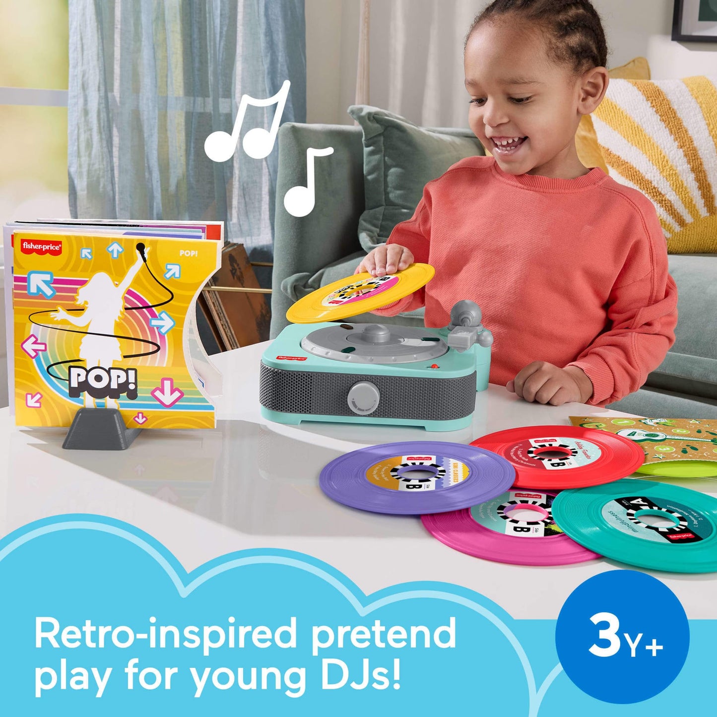 Fisher-Price Musical Toy Deluxe Rockin’ Record Player Pretend Turntable with 6 Albums for Preschool Play Kids Ages 3+ Years (Amazon Exclusive)