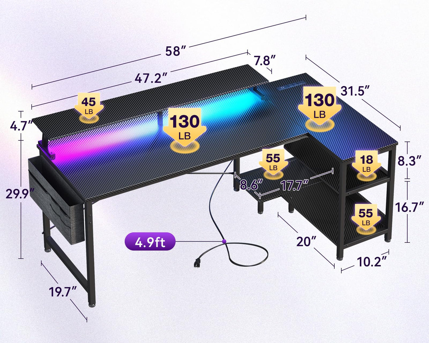 ODK 58 Inch Gaming Desk with USB Charging Ports and LED Lights, Reversible L Shaped Computer Desk with Storage Shelves & Monitor Stand, Corner Gamer Desk Table with Power Outlets, Black