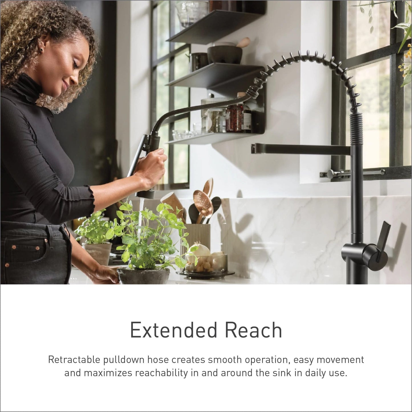 Moen Nolia Matte Black One-Handle Pre-Rinse Spring Kitchen Faucet with Pull Down Sprayer, Single Hole Kitchen Sink Faucet with Soap Dispenser, 87886BL
