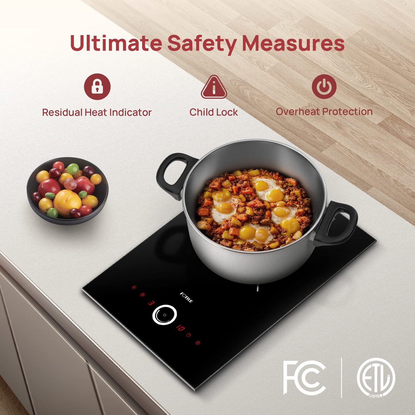 FOTILE EIG30102 12" Built-in Electric Induction Cooktop Stovetop with 9 Heating Levels, Overheat Protection, Child Lock and SCHOTT Ceramic Glass, 240V Single Burner, Black