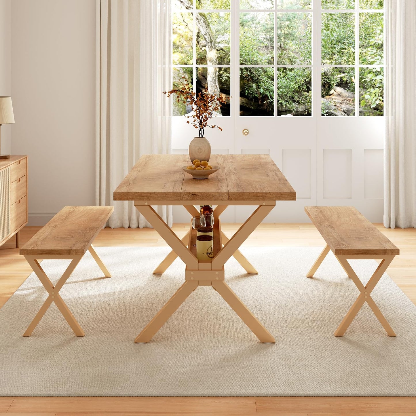 HIPIHOM 63" Dining Table Set with 2 Dining Benches for 4, Scratch Resistance MDF Kitchen Table with Sturdy Metal Legs, Small Dining Table Sets for 4 for Family Gatherings