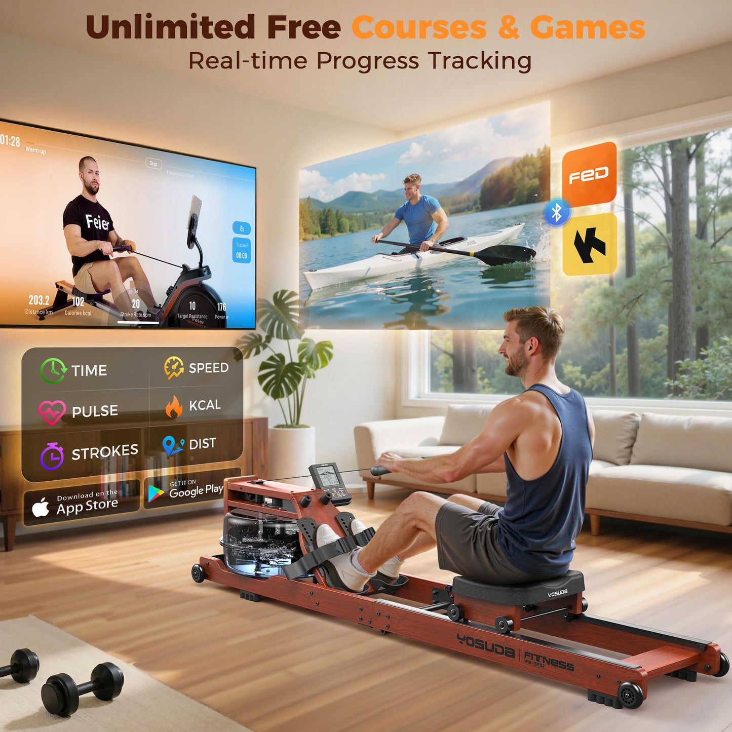 YOSUDA Water Rowing Machines for Home Use- Foldable Rower Machine 400LBS Weight Capacity with Dedicated Monitor & Bluetooth APP, Comfortable Seat
