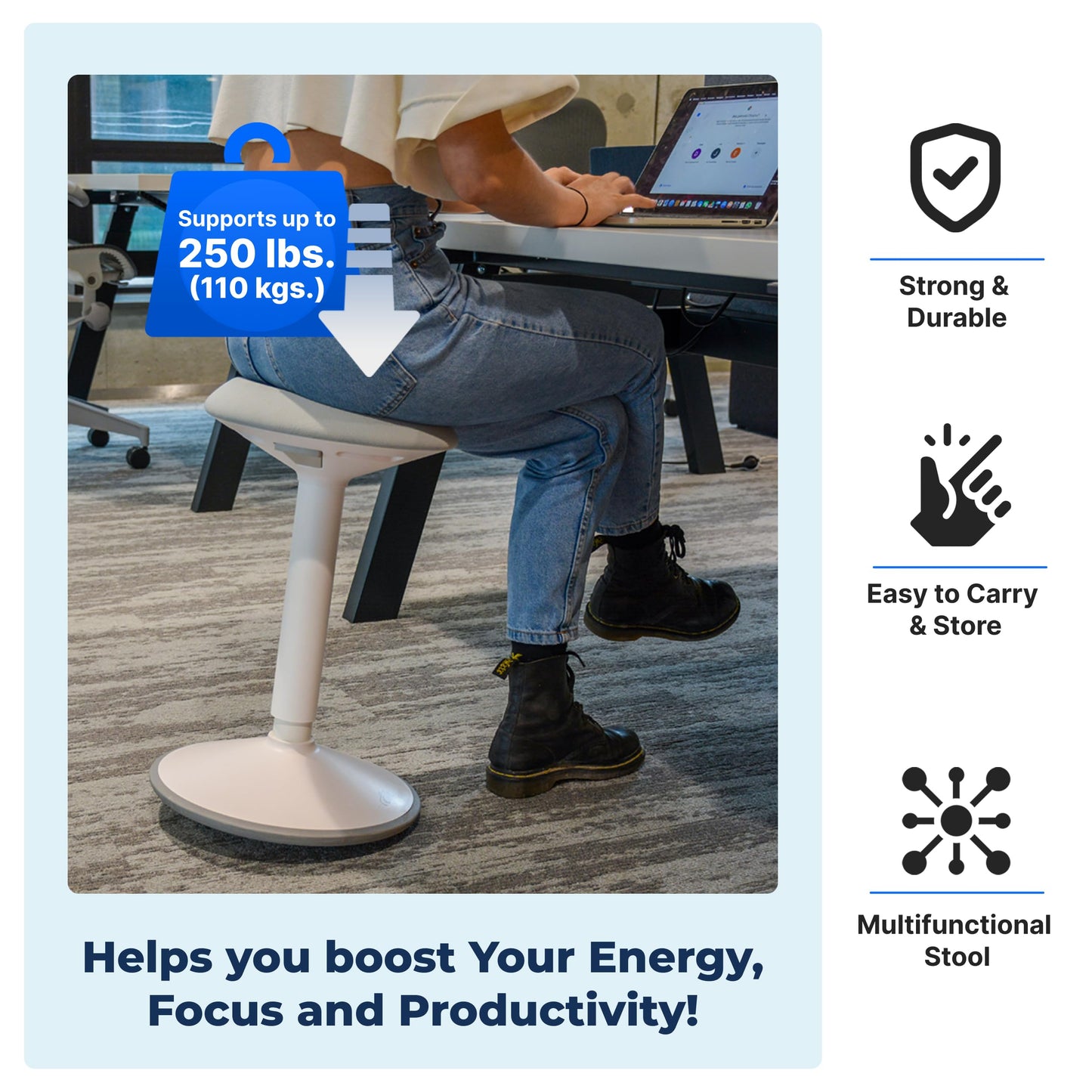 Backerz Standing Desk Stool Chair, Height Adjustable Stool 21-31 inch for Office and Classroom, Swivel Stool, Anti-Slip Bottom Ergonomic Wobble Stool with Rocking Motion, White