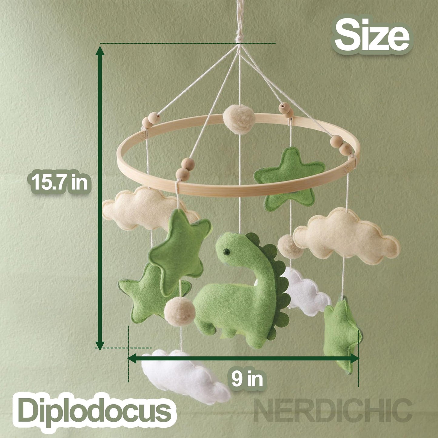 Baby Crib Mobile for Boys Girls, Nursery Decor Mobile for Bassinet, Gender Neutral Mobile Crib Accessories for Infant Bedroom Hanging Newborn Gift - Dinosaur Diplodocus, Cloud, Stars