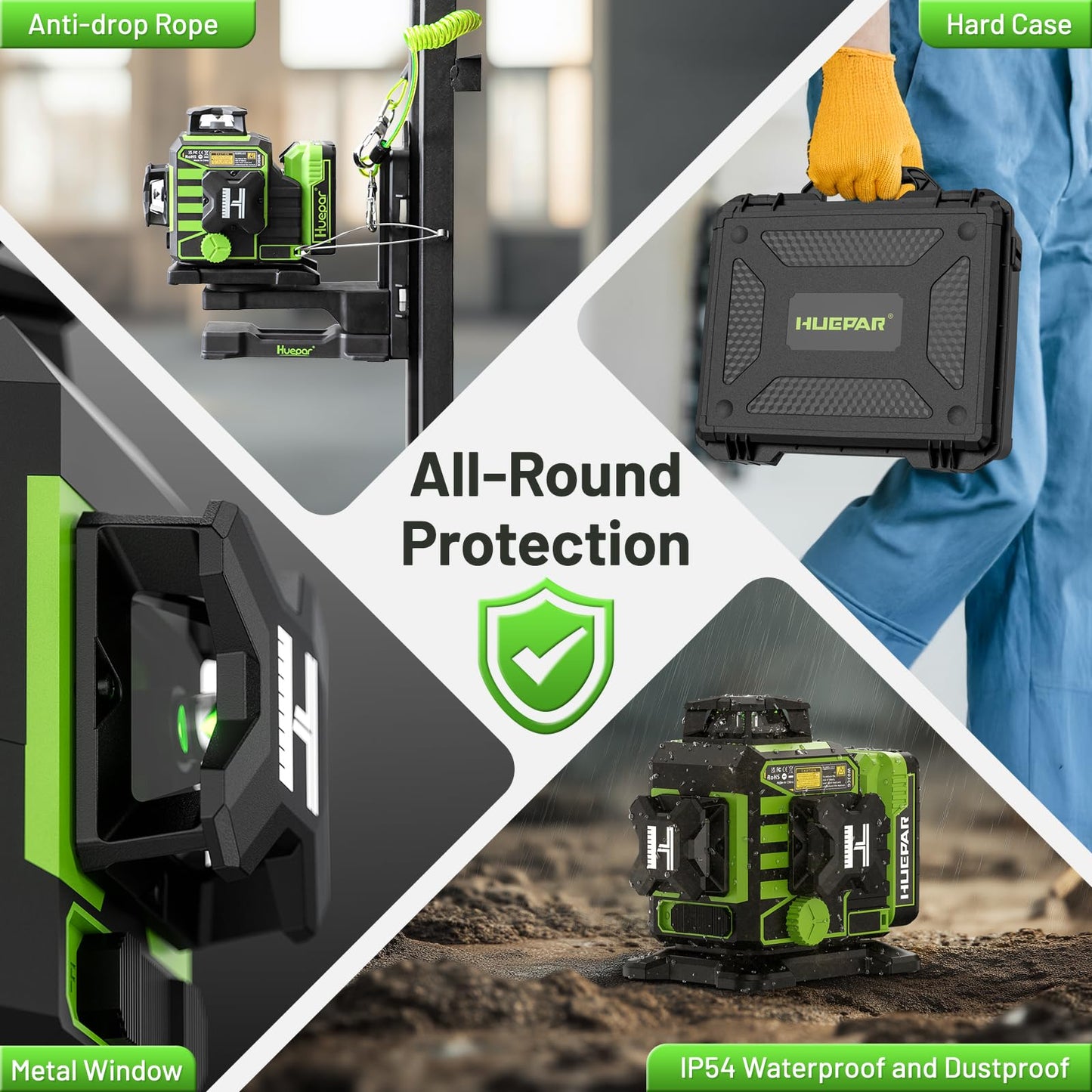 Huepar W03CG Bluetooth Laser Level 3x360 Self Leveling, 3D 12 Lines with Electric Rotating Base＆Large LCD Screen, 3 Planes Green Lazer Leveler Tool for Construction, Ceiling,Tiling, Framing, etc.