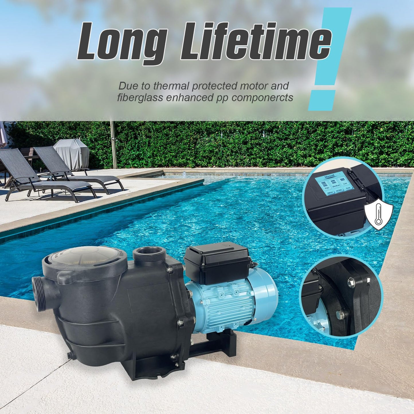 2.5 HP Variable Speed VS Multiple Speed Programmable Pool Pump 230Vac 8100GPH Intelligent In-ground and above ground pool pump Compatible with with both 1.5" Pipe and 2.0" Pipe