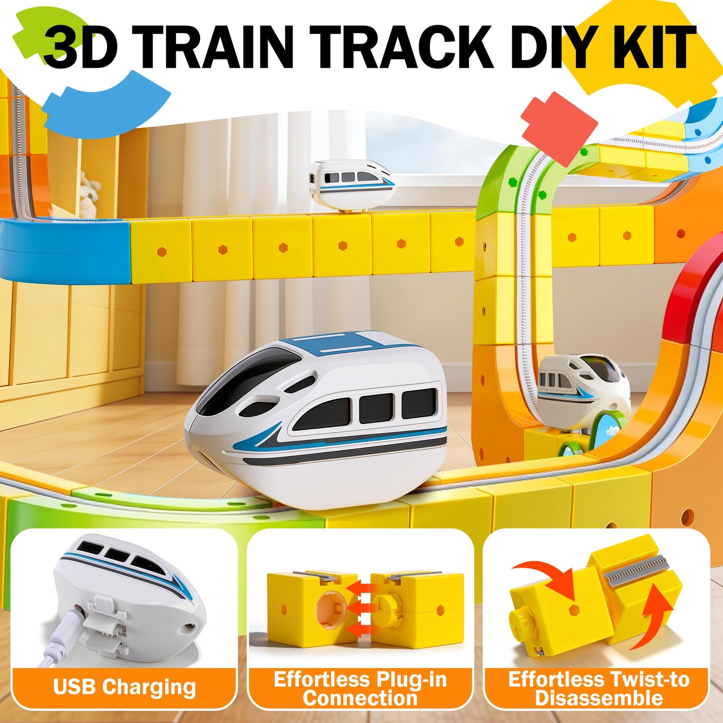 Rail Electric Train Set with Traffic Signs for Kids 3 4 5 6 7 8 Years Old, 60 PCS 3D Magic Flexible Race Car Track, Building Block Toys with Anti-Gravity, Educational STEM Toy Boys Girls Birthday