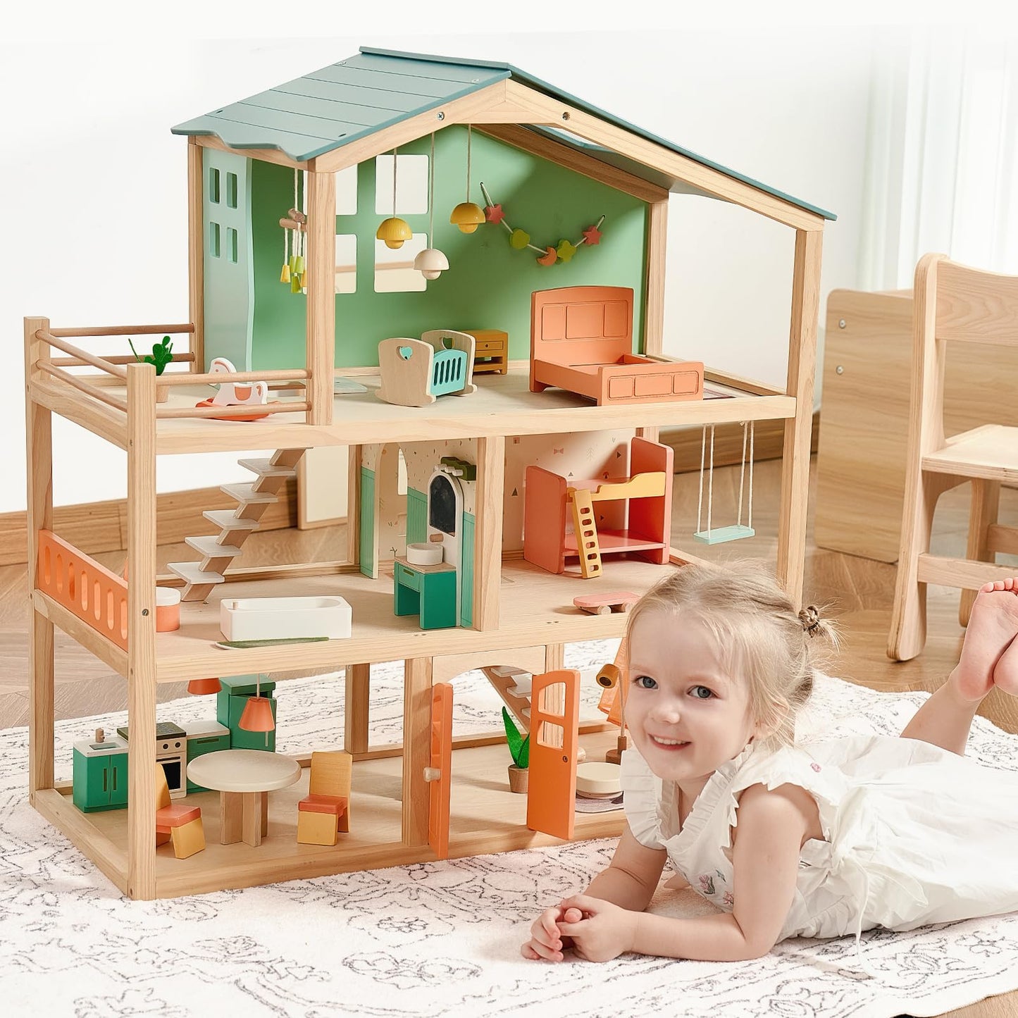 Giant bean Large Wooden Dollhouse with 32 Pcs Furniture Accessories, 3-Story Doll House 5 Rooms Balcony Wooden Stairs, Ideal Dollhouse Toy for Kids Ages 3+, 30" H x 28" L x 13" W