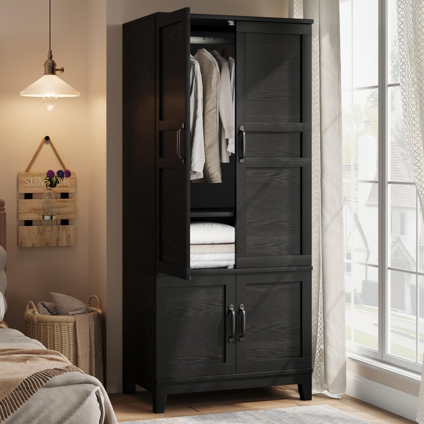 GarveeHome Armoire Wardrobe Closet with 4 Doors, 72 in Wooden Wardrobe Cabinet with Hanging Rod, Freestanding Tall Clothing Armoire Storage Cabinet with Adjustable Shelves for Bedroom, Black