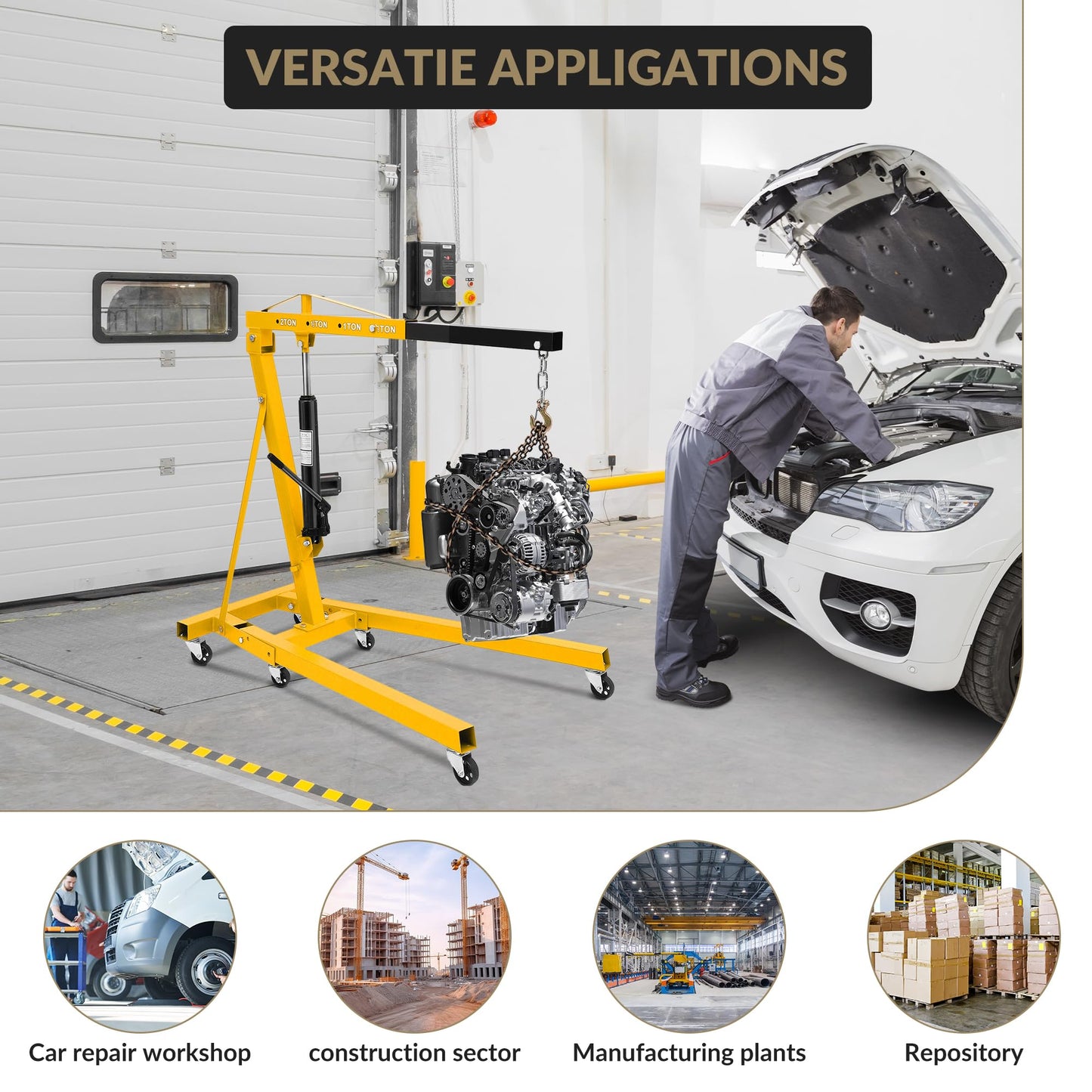 2 Ton Hydraulic Engine Hoist Cherry Picker, 4400LBS Heavy Duty Engine Lift Hoist, Foldable Hydraulic Shop Crane w/Telescopic Boom & 6 Swivel Casters for Auto Repair, Garage, Workshop, Yellow