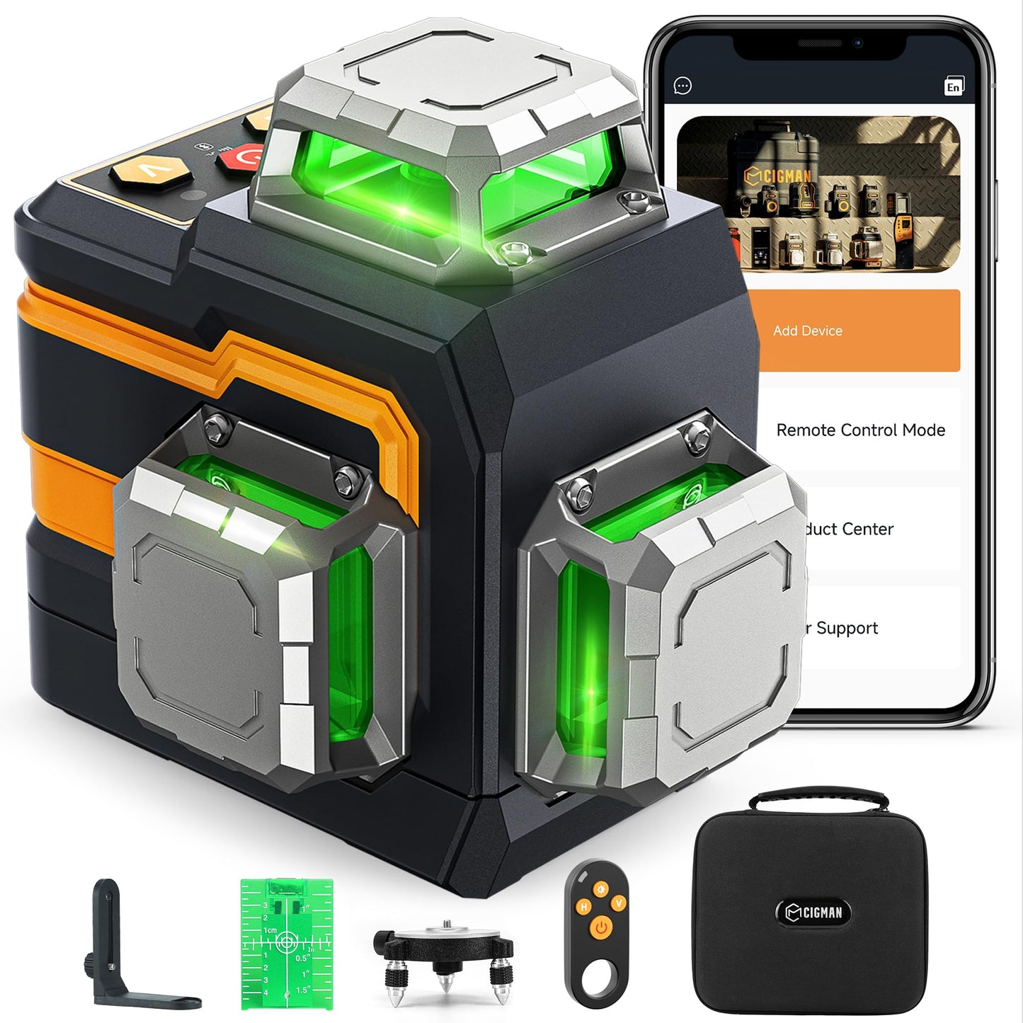CIGMAN 3x360° Laser Level with Remote&APP Control, Green Self Leveling Cross Line Laser for Construction and Picture Hanging, 3D Vertical/Horizontal Line, Magnetic Rotating Stand Included