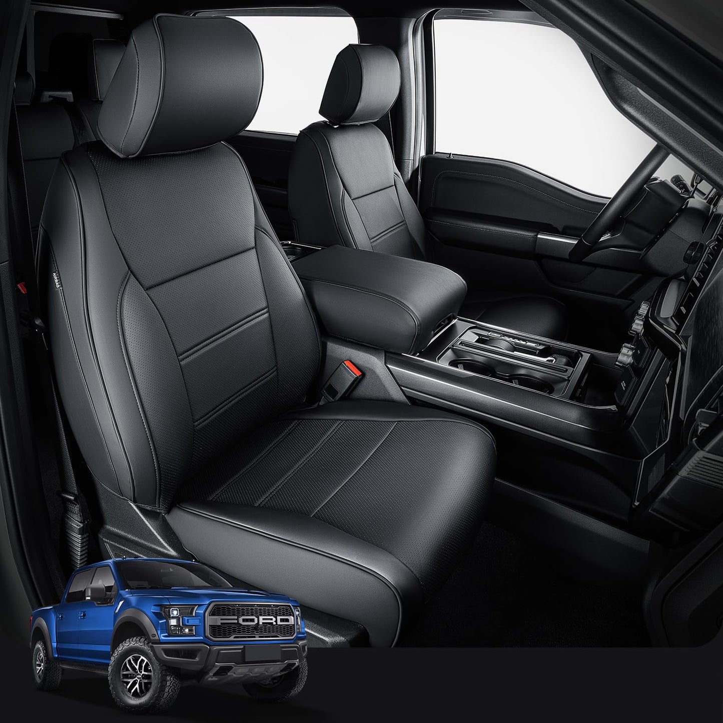 DrCarNow for Ford F150 Seat Covers 2015-2023 2024 2025, Full Set Custom Fit Leather Car Seat Covers, Waterproof Pickup Truck Accessories for SuperCrew/CrewCab 1st Row Bucket Seats (XL, XLT), Black