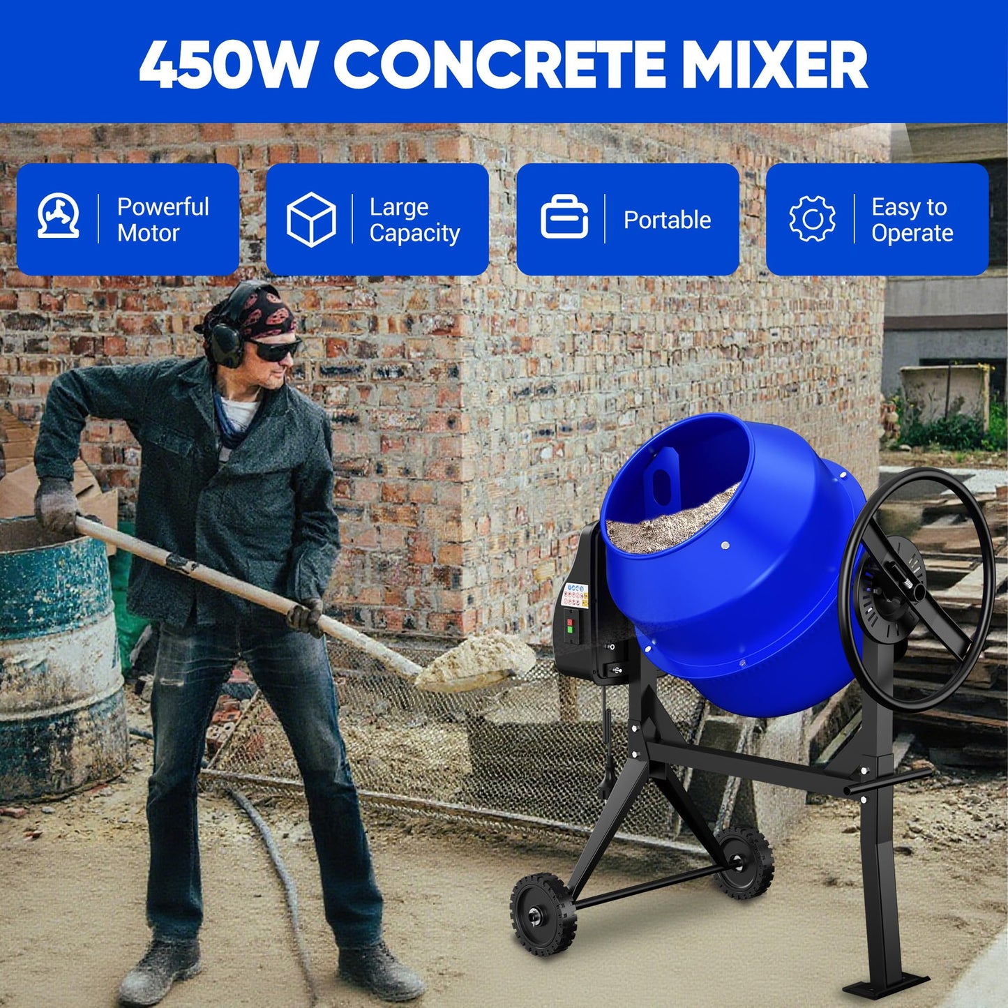 SILVEL Concrete Mixer 4.3 Cu.Ft. – 450W (3/5HP) Heavy Duty Portable Concrete Mixer with Wheel & Stand for Mortar, Stucco, Fodder – Industrial Cement Mixing Machine, Upgraded Blue