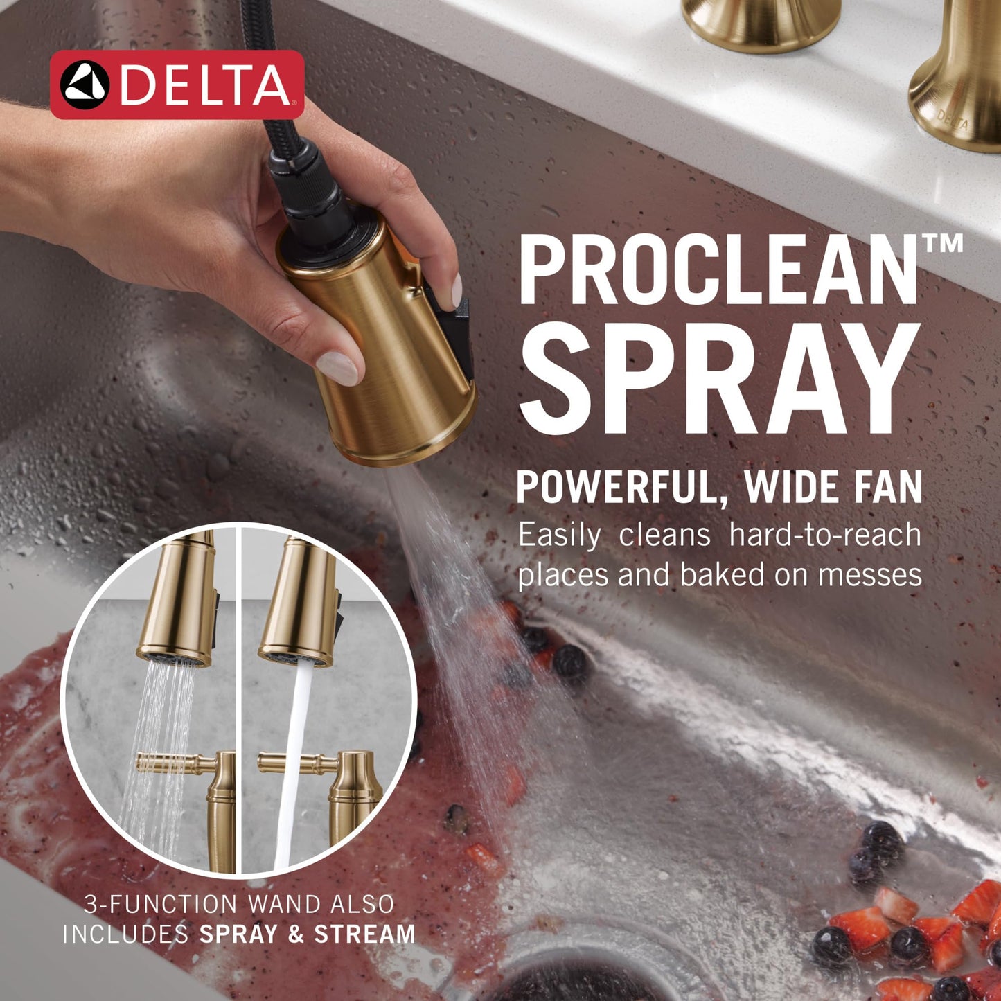 Delta Renaldi Brushed Gold Kitchen Faucet with Pull Down Sprayer, Bridge 3 Hole Modern Kitchen Sink Faucet, Two-Handle, Lumicoat Champagne Bronze 2384L-CZ-PR-DST