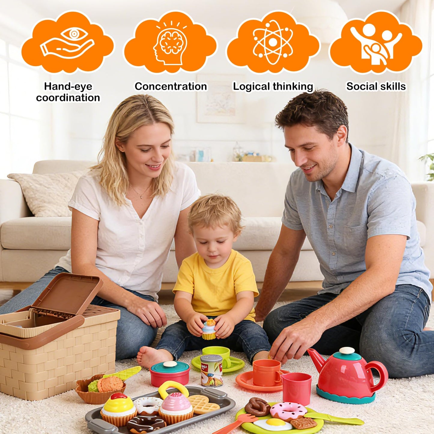 Picnic Basket Toys Play Tea Sets with Teapot Tea Cup Dessert Food,Ice Cream Playset, Pretend Play Kitchen Accessories Tea Party Set for Toddlers Kids Little Girl Boy Age 3-7 Years Old