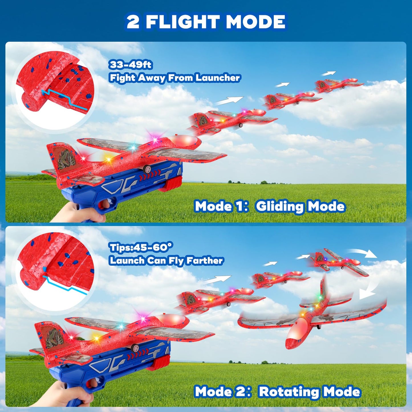 3 Pack Airplane Launcher Toy for Kids, 12.6" LED Foam Glider Plane, 2 Flight Mode Catapult Plane Boy Toys with Stickers, Outdoor Flying Toys Birthday Gifts for 4 5 6 7 8 9 10 12 Year Old Boys Girls