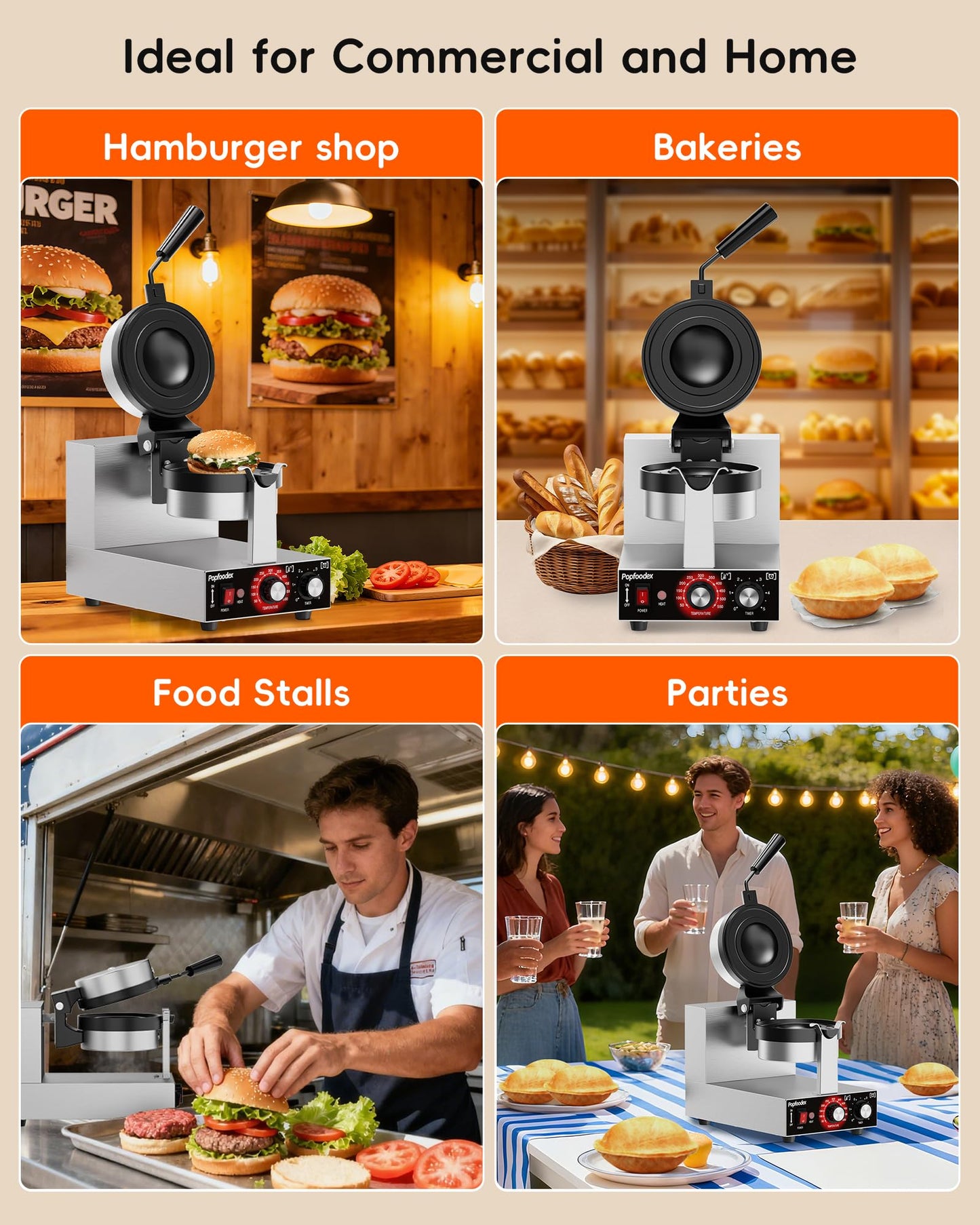 Popfoodex Ufo Burger Maker Machine, 110V Electric Ufo Sandwich Maker w/Adjustable Temperature and Timer, Stainless Steel Ice Cream Burger Maker for Dining Room, Kitchen, Restaurant, Burger Sealer