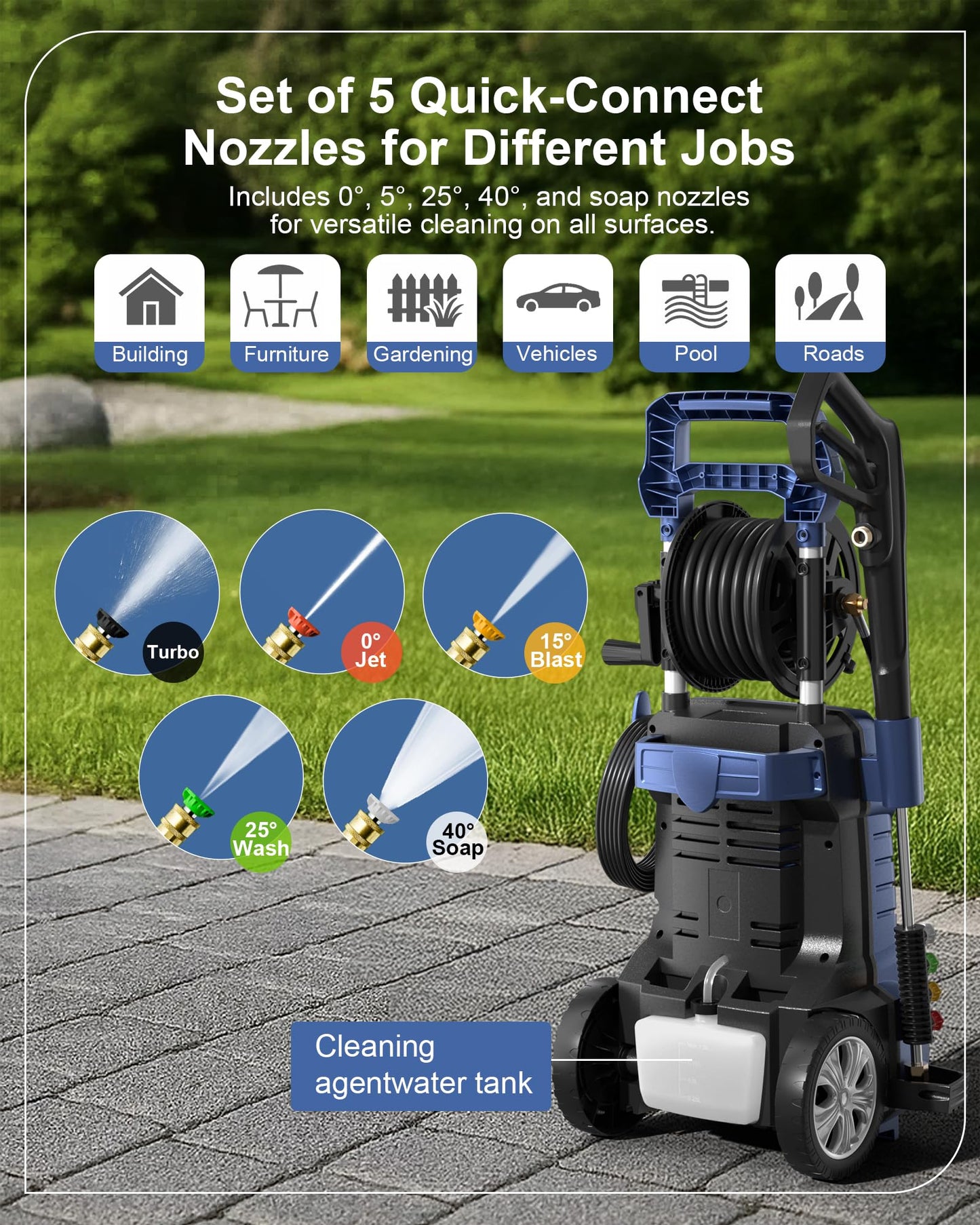ChicWind 1800W Outdoor Cleaner Washer with 5Nozzles Set&Foam Cannon,27ft Hose,Adjustable Handle,Power Washer for Driveways,Cars,Fences,Decks,Patios&Outdoor Cleaning