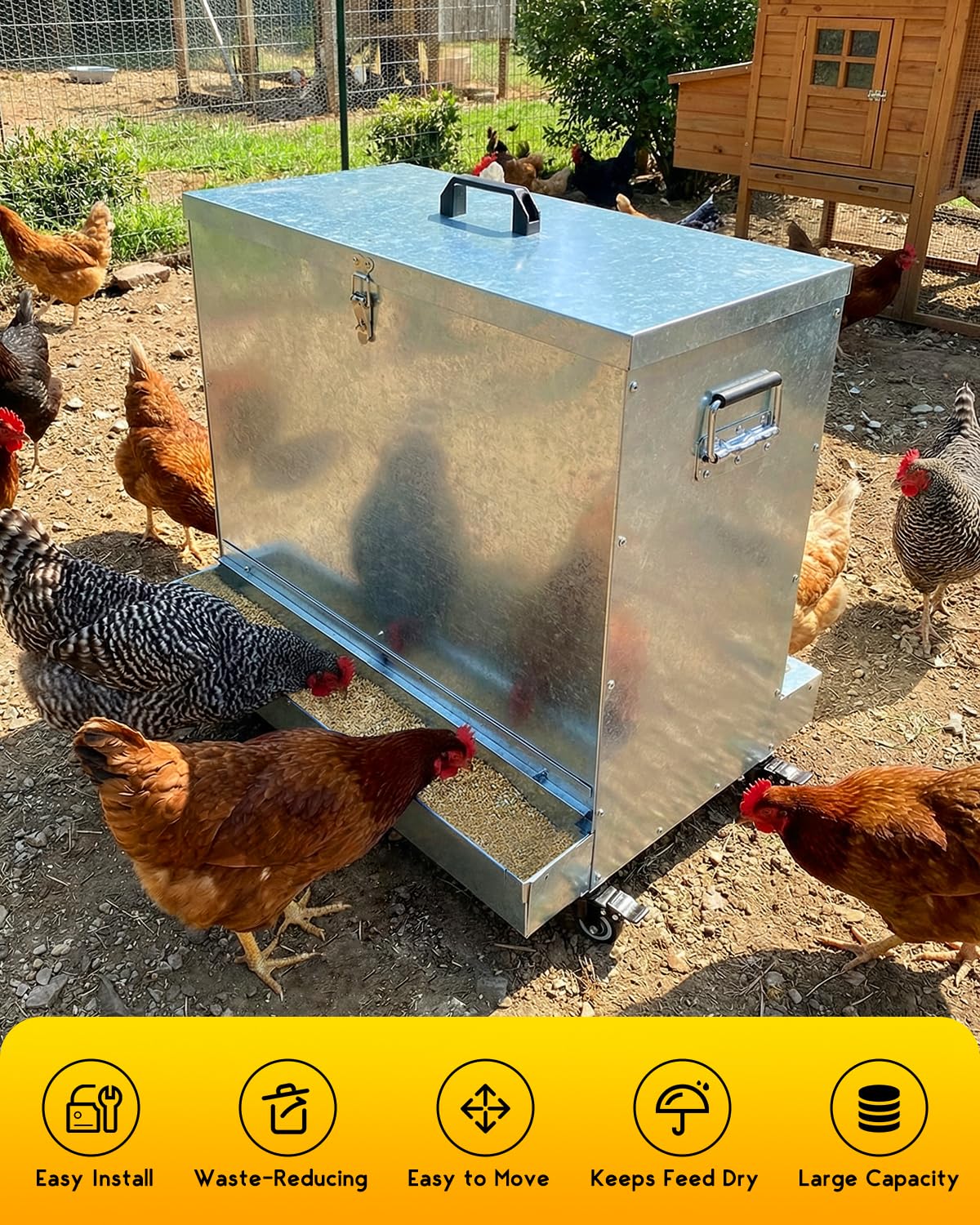 Magicfly Metal Chicken Feeder with Wheels, 85-120LBS Automatic Large Capacity Chicken Feeders No Waste Poultry Feeder with Oyster & Grit Trough, Latch & Handle for Ducks, Turkeys & Chickens
