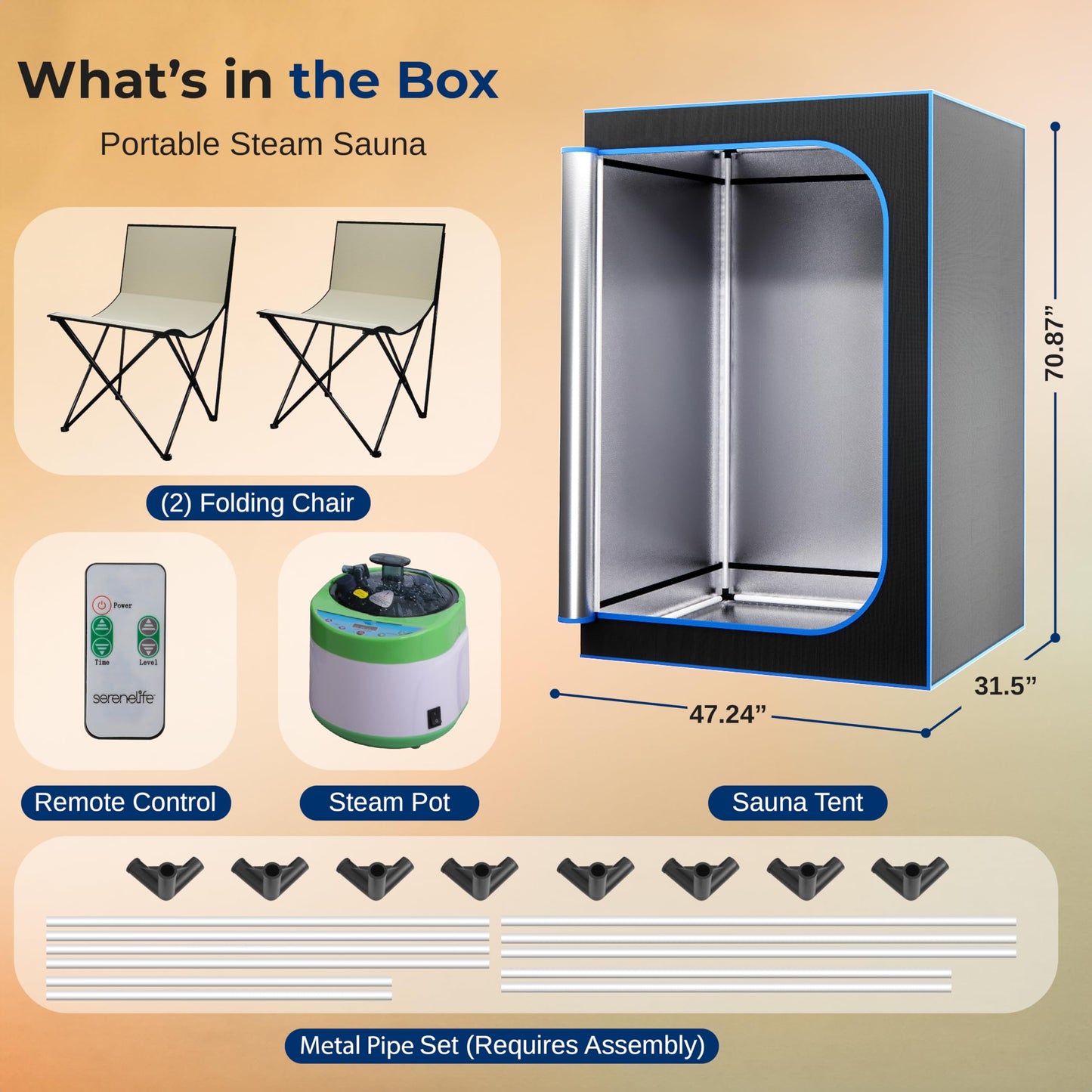 SereneLife Portable Sauna for Home, 2 Person Steam Tent with 4L Steamer, 2 Folding Chairs, Remote Control In-Home Spa, 6' x 4'