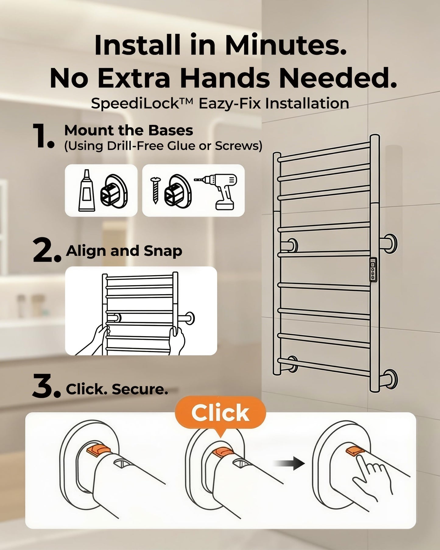 Caldayx Foldable Heated Towel Rack, Dual-Zone Electric Towel Warmer Rack with Timer, GFCI Plug-in or Hardwired, Wall-Mounted, Drill-Free Installation, Matte White, CA3-900X550-Standard-MW