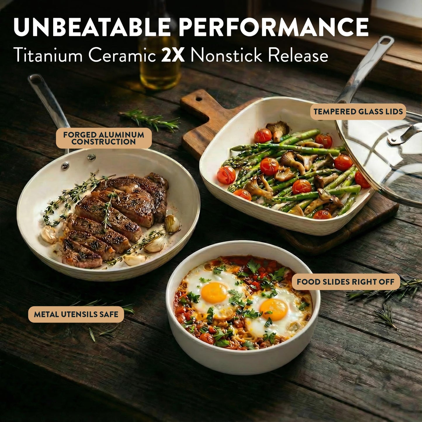 Gotham Steel Hammered 15Pcs Ceramic Cookware Set Nonstick, Induction Pots and Pans Set Non Stick with Bakeware Set & Steamer for Cooking, Non Toxic PFOA PFOS Free, Oven & Dishwasher Safe, Cream White