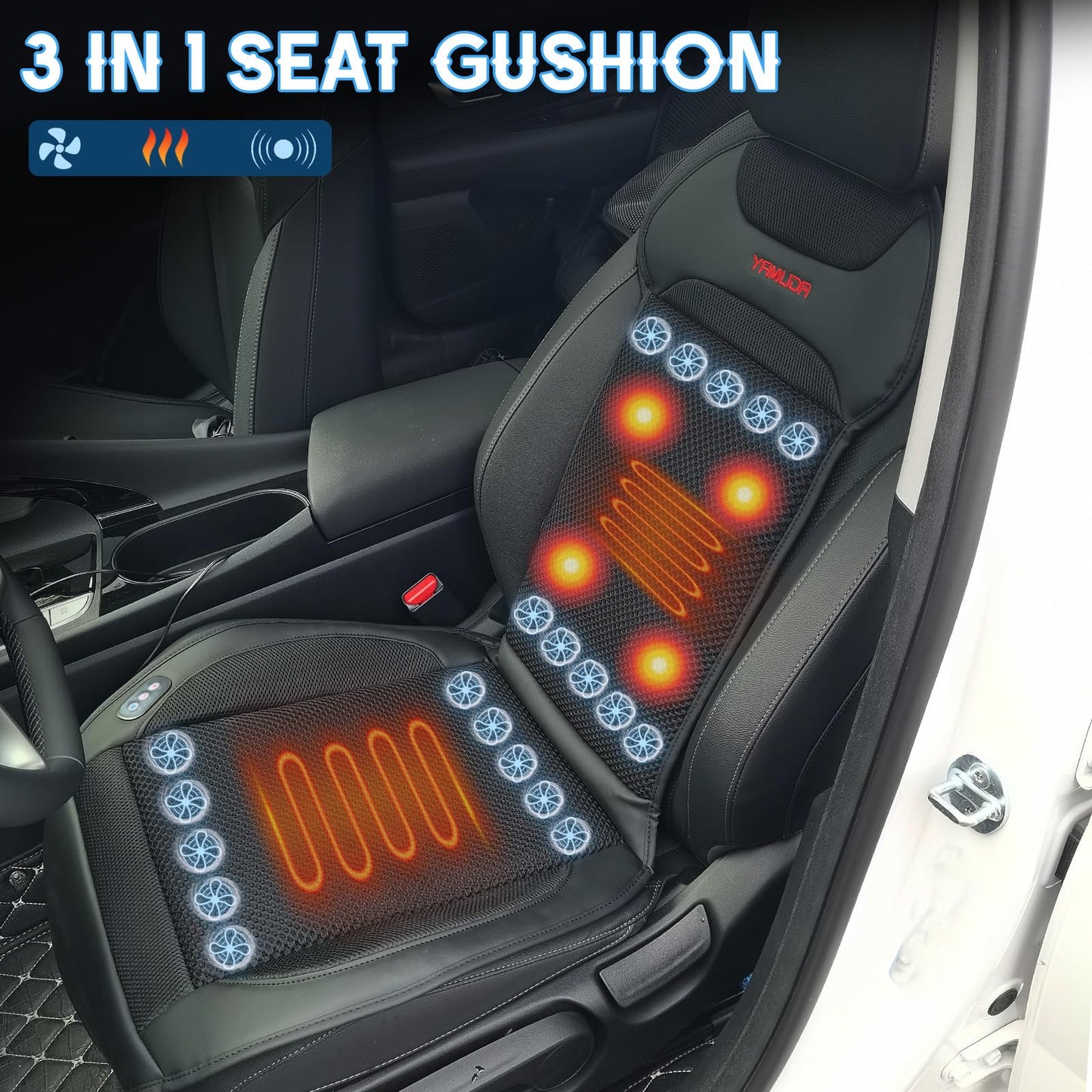 YAMUDA Driver's Side Four Seasons General Motors Multi functional Seat Cover, Car Seat Cooler Seat Cover with 20-Fan Ventilation + 4-Point Massage (1 Piece, Black Suede Leather）