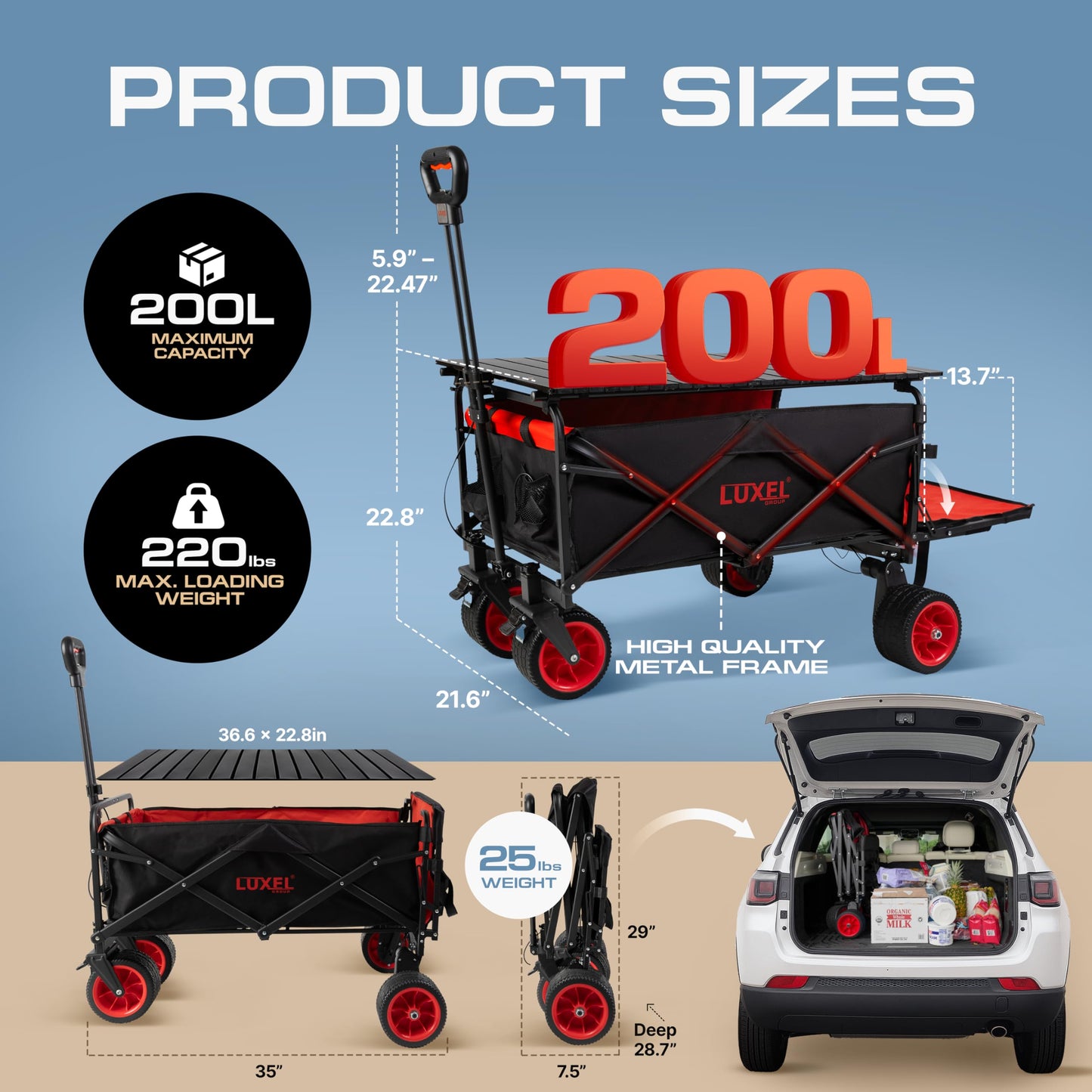Electric Foldable Collapsible Wagon Cart Power 100W - Heavy Duty Wagons with All Terrain Wheels - with Folding Table - Beach Canvas Utility Carts, Portable for Outdoor Camping Shopping Fishing Sports
