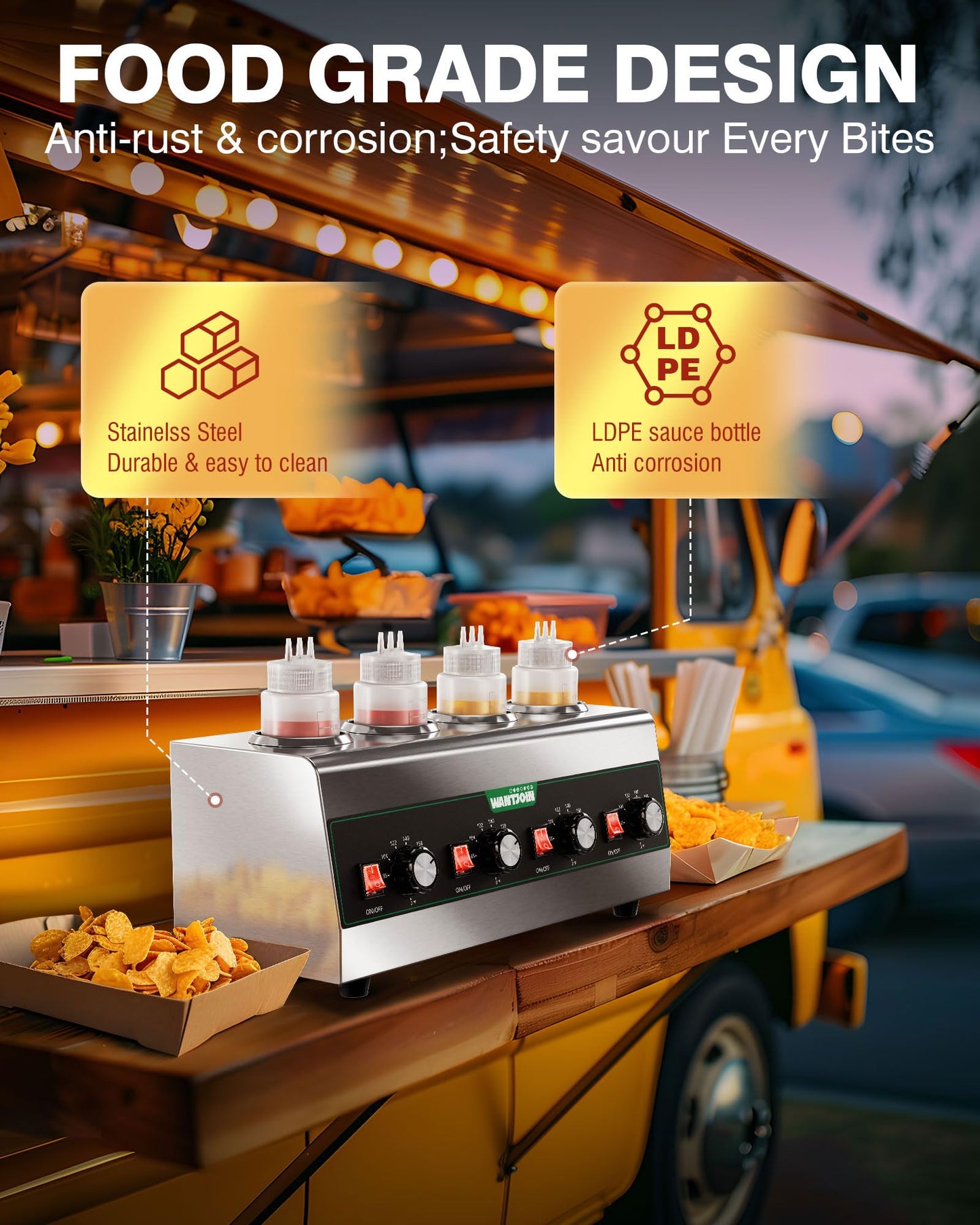 WantJoin Electric Sauce Warmer Dispenser, Countertop Stainless Steel Sauce Heat Preservation Machine 640W Hot Fudge Nacho Cheese Ketchup Chocolate Warmer for Commercial with 650ml Squeeze Bottle*4