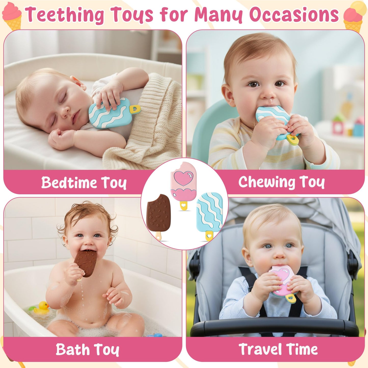 Summer Silicone Teether Toy for Babies - 2ooya 3Pcs Ice Cream BPA Free Food Grade Teething Sensory Toys Infant Toddler Soft Sore Gums Pain Teething Relief Chew Teether for Newborn 6-12 Months Birthday