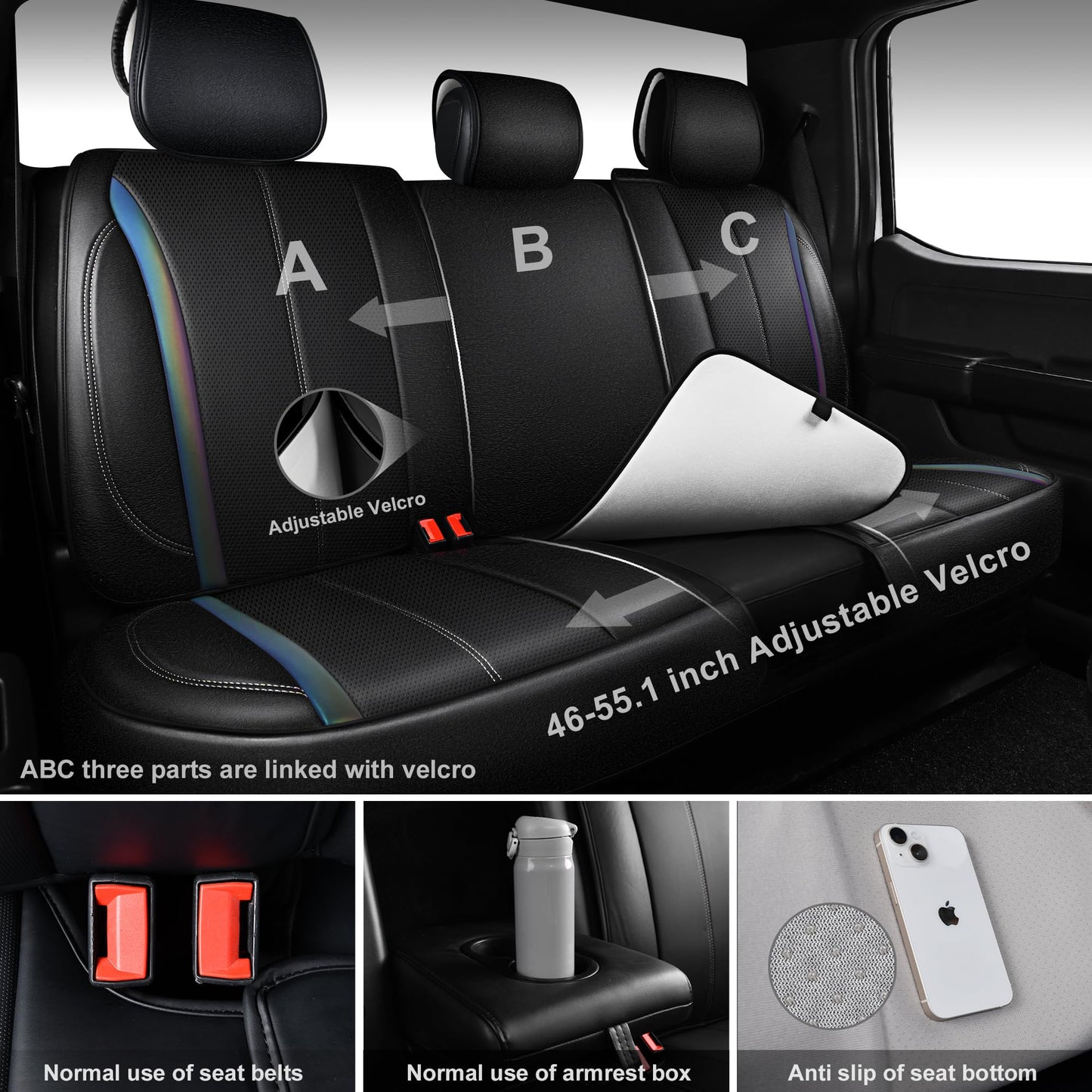 CAR Pass Nappa Leather Car Seat Covers, Durable Waterproof Luxury Universal for SUV Pick-up Truck Sedan, Anti-Slip Driver 5 Seats Covers Full Set with Backrest (Black Chameleon Iridescent Reflective)