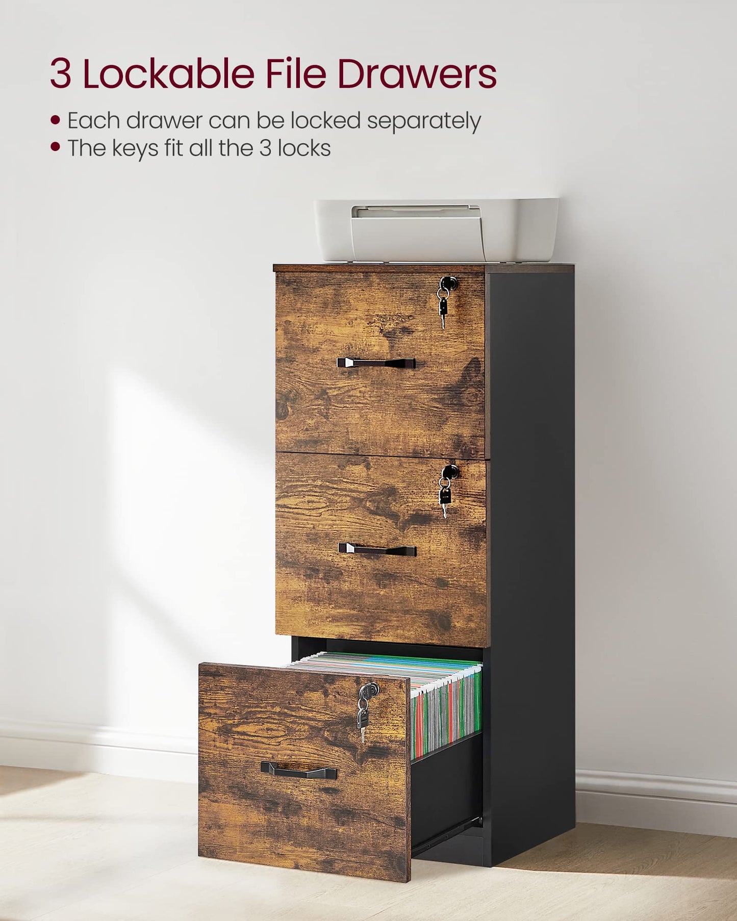 VASAGLE 3-Drawer Vertical File Cabinet, Filing Cabinet for Home Office, Printer Stand, with 3 Lockable Drawers, Adjustable Hanging Rail, for A4 and Letter-Size Files, Rustic Brown and Black UOFC055B01