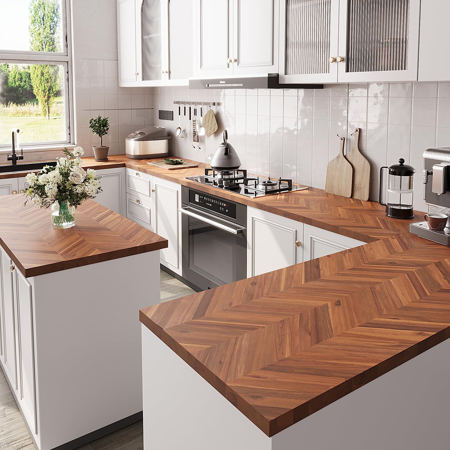 Howizz Chevron Acacia Butcher Block Countertop 48 x 30 x 1.5 inches, Teak Solid Wood Table Top for Desk Top, Workbench Top