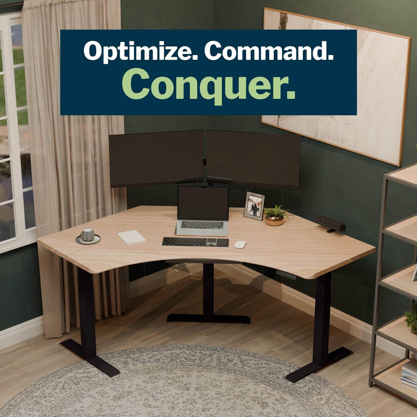 Vari Command Center Electric Standing Desk – 120° Curved Sit-Stand Gaming Desk Corner Workstation for Triple Monitors + Sloped Front Edge, 4 Height Settings, 200 lb Capacity (Light Wood/Black Legs)