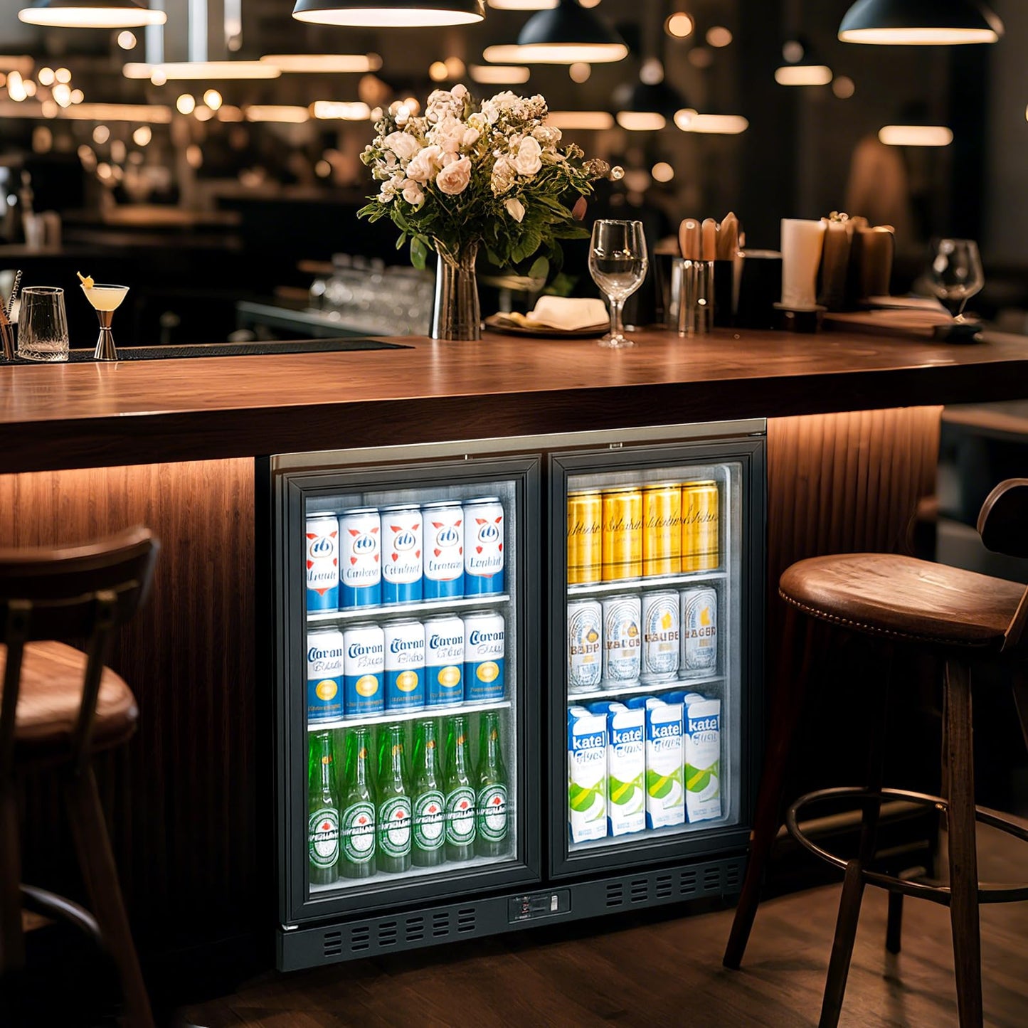 BINGERMA Back Bar Cooler with 2 Glass Doors Commercial Under Counter Beverage Refrigerator 7.4 Cu.ft. ETL Black Drink Fridges for Bar,Office,Convenience Stores